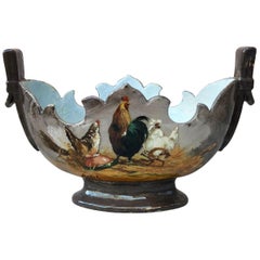 Jardinière en majolique du 19ème siècle avec poulet et coq