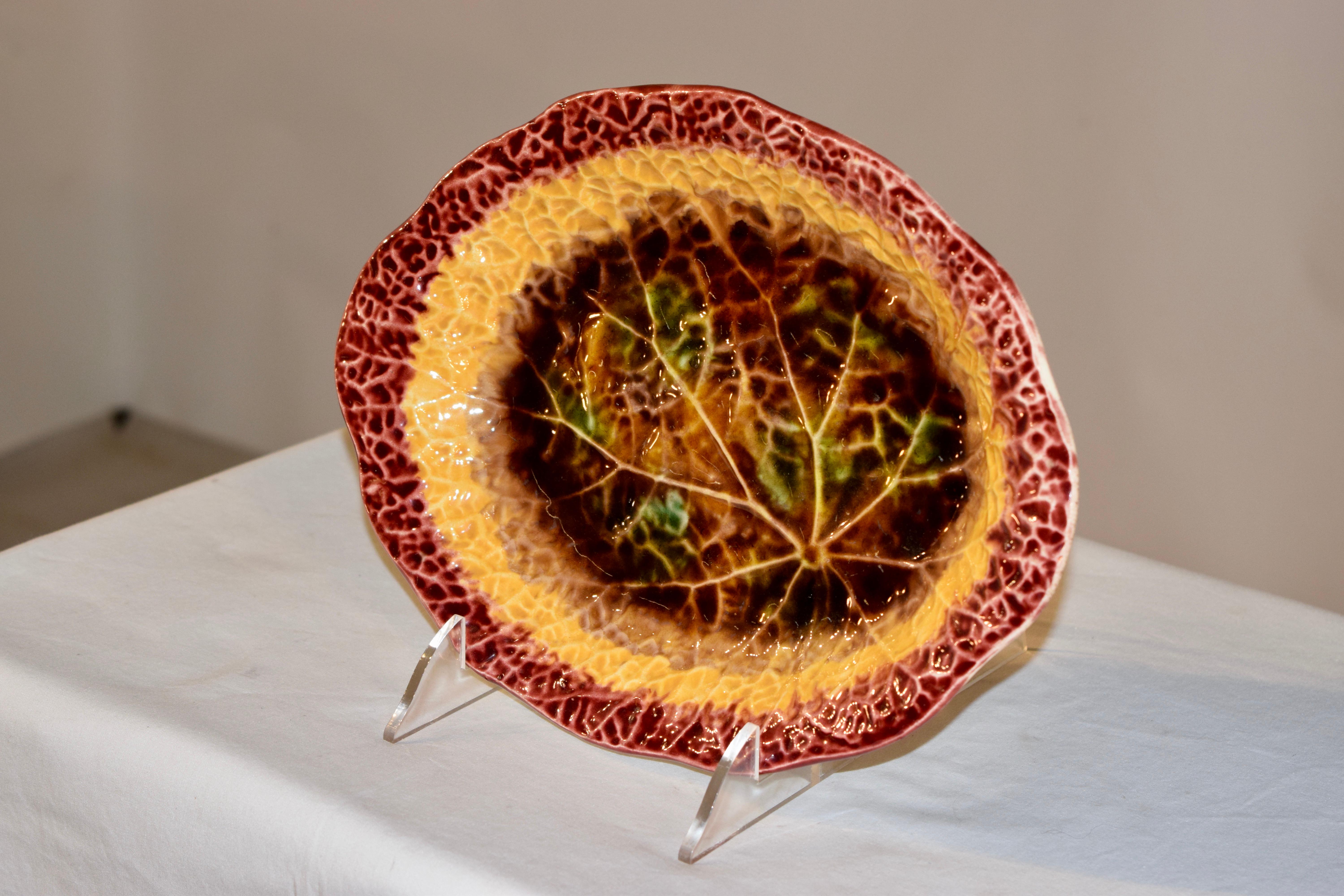 19th century multicolored majolica leaf dish with a very crisp pressing of the mold.
