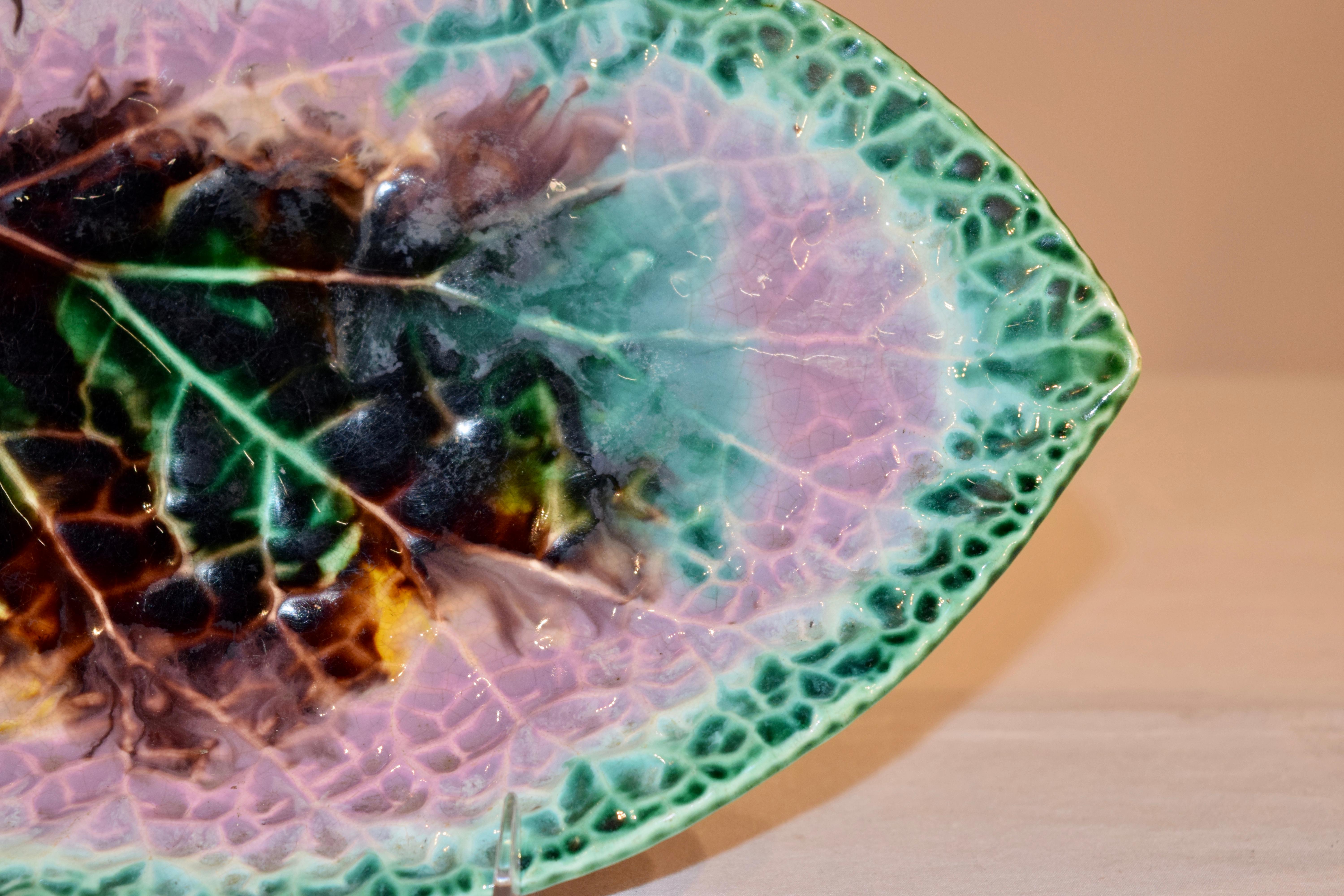 Glazed 19th Century Majolica Leaf Dish
