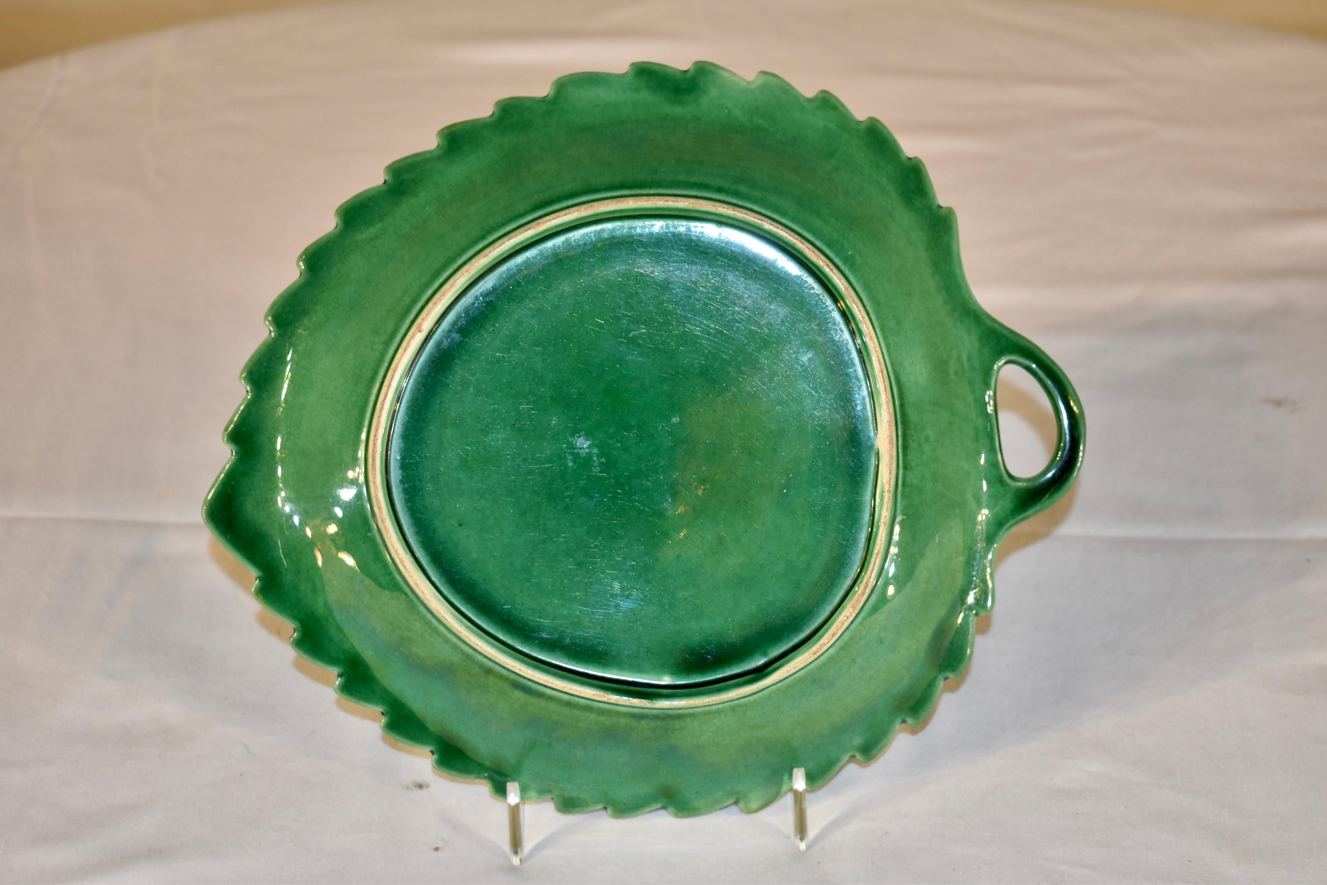 Porcelain 19th Century Majolica Leaf Handled Dish For Sale