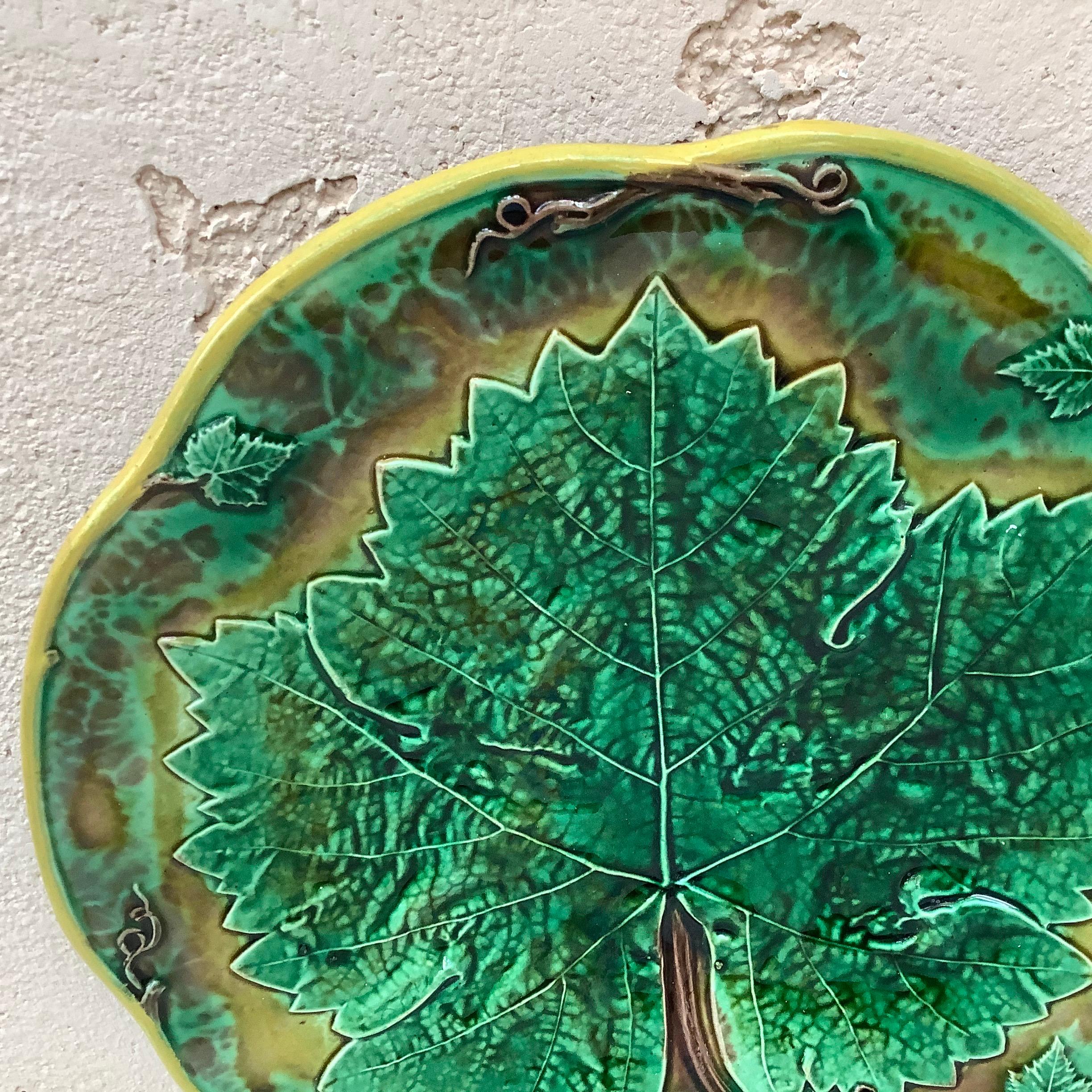 19th Century Green Victorian Majolica leaf plate by Joseph Holdcroft.
