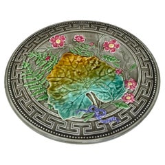 19th Century Majolica Leaves and Pink Flowers Plate Choisy-le-Roi