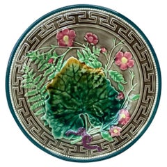 19th Century Majolica Leaves and Pink Flowers Plate Choisy Le Roi
