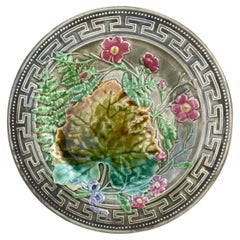 19th Century Majolica Leaves & Pink Flowers Plate Choisy-le-Roi