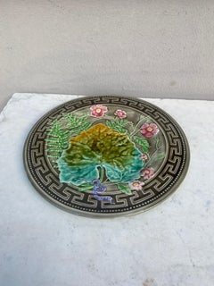 19th Century Majolica Leaves & Pink Flowers Plate Choisy-le-Roi