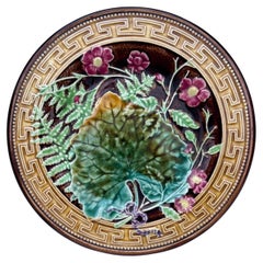 19th Century Majolica Leaves & Pink Flowers Plate Choisy Le Roi