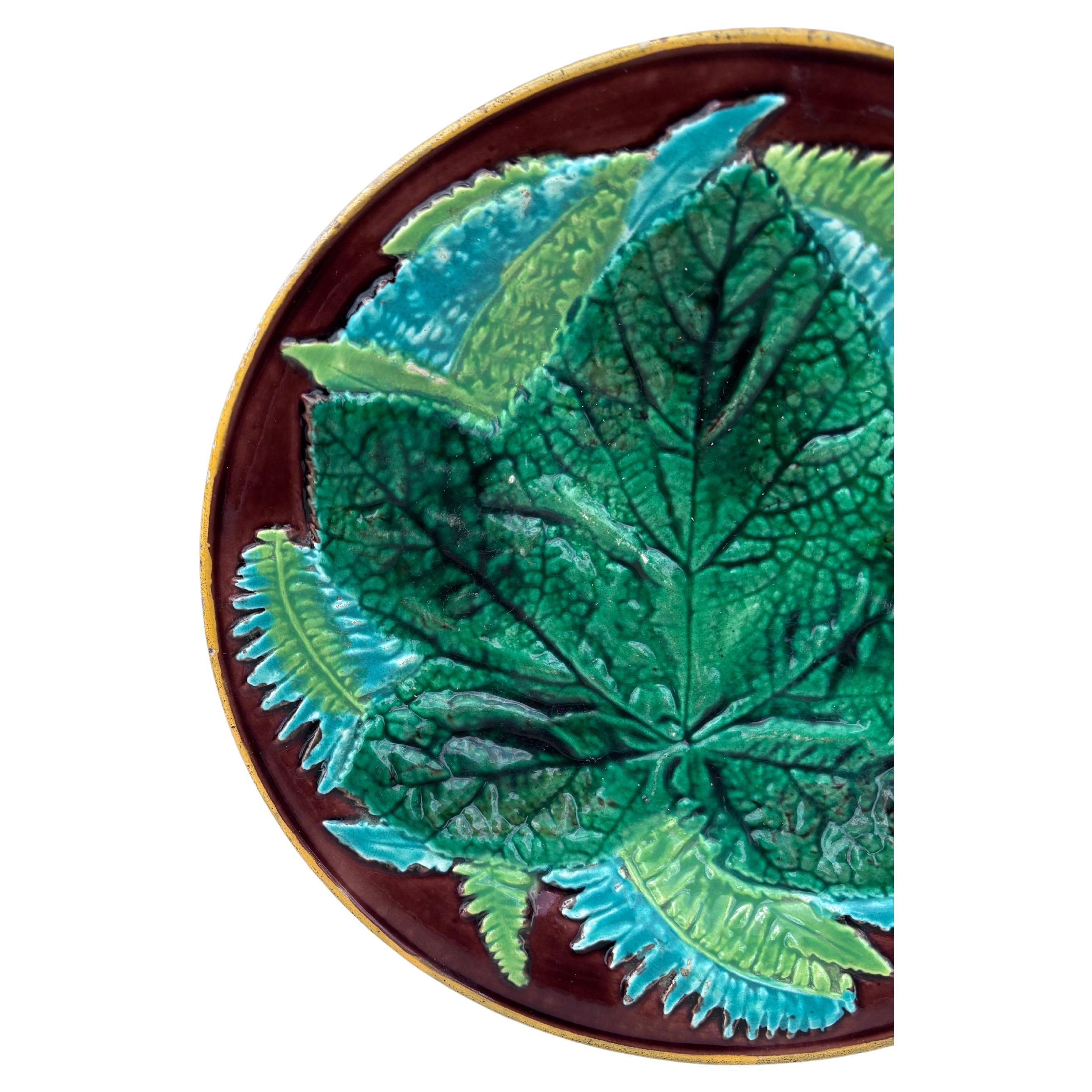 Victorian 19th Century Majolica Leaves Plate George Jones For Sale
