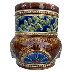 Antique 19th Century Majolica Leaves Vase Sarreguemines