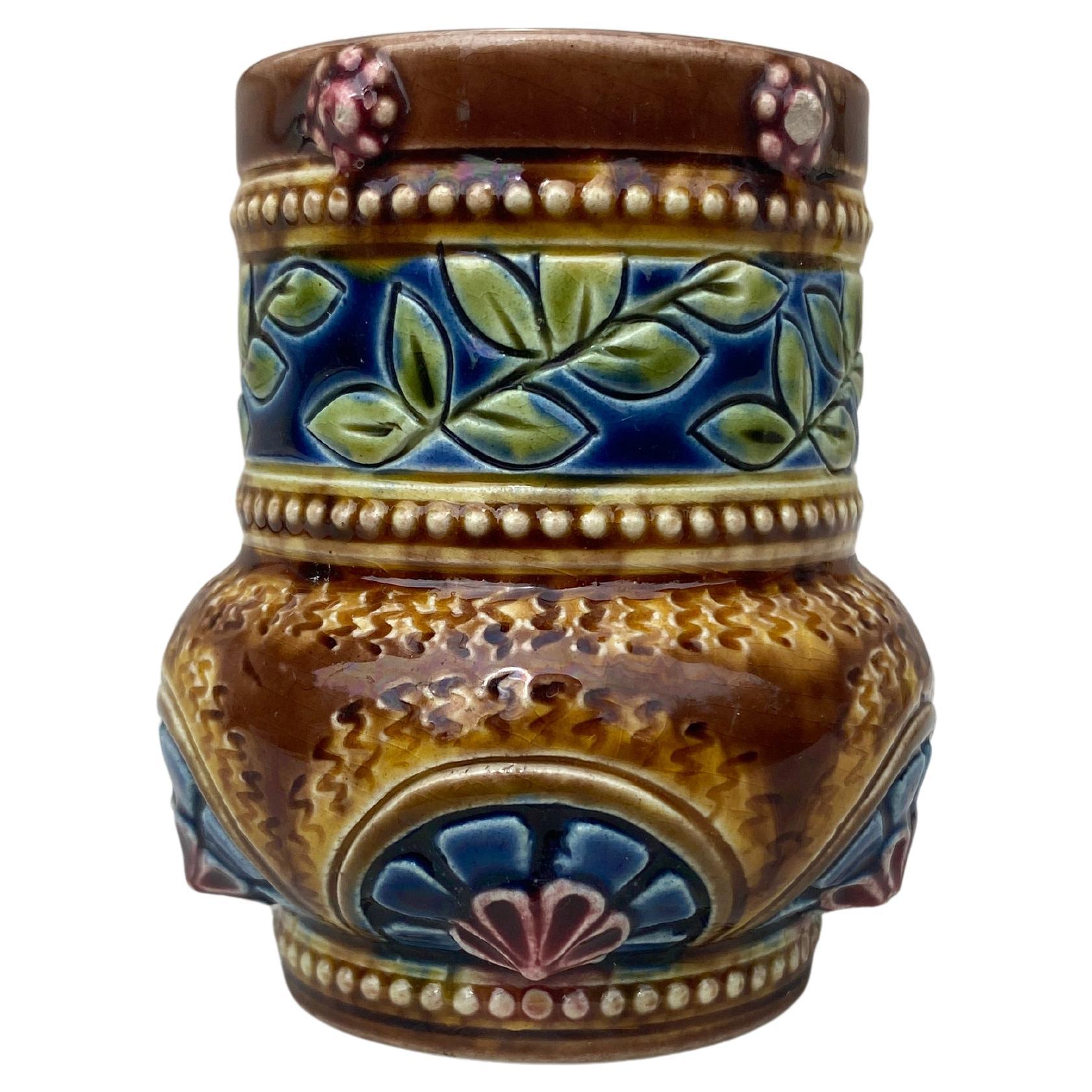 19th Century Majolica Leaves Vase Sarreguemines