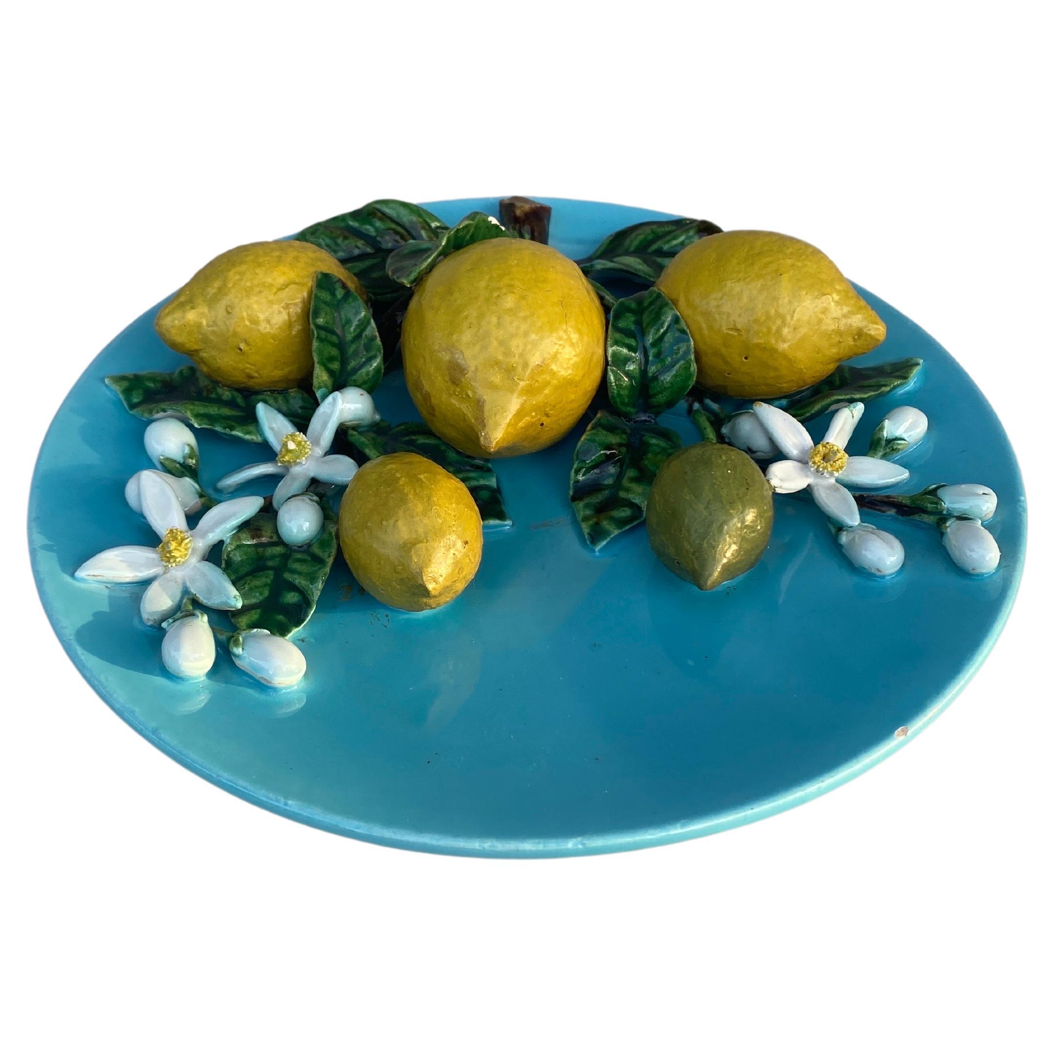 19th Century colorful aqua turquoise Majolica lemons wall platter Perret Gentil Menton.
 