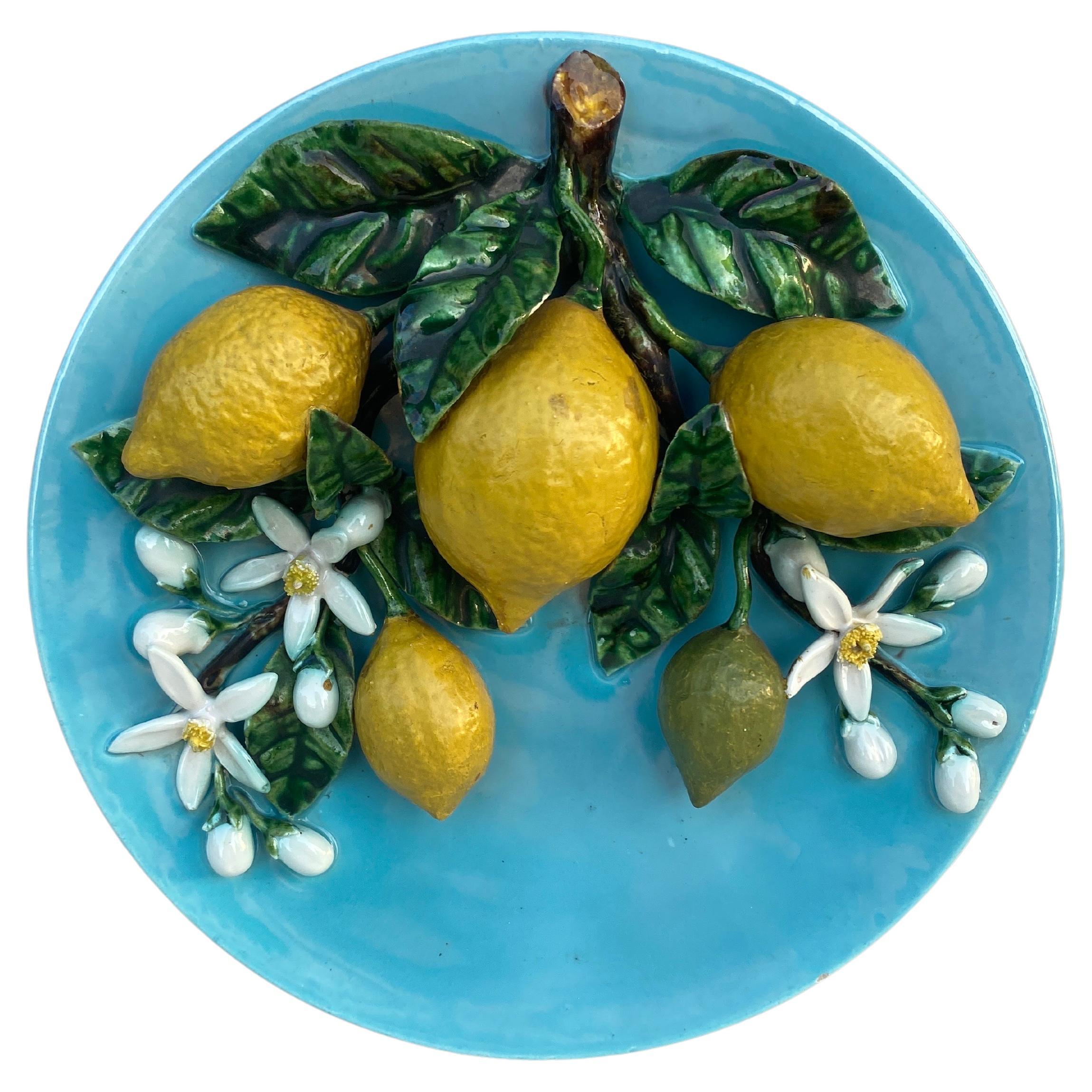 19th Century Majolica Lemons Wall Perret Gentil Platter Menton For Sale