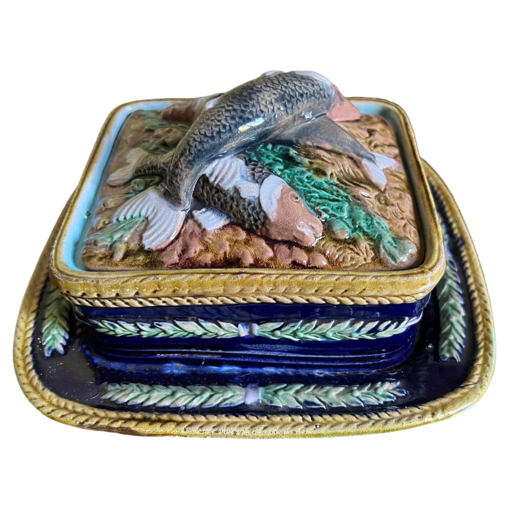 Boîte à sardine à couvercle en majolique du 19ème siècle