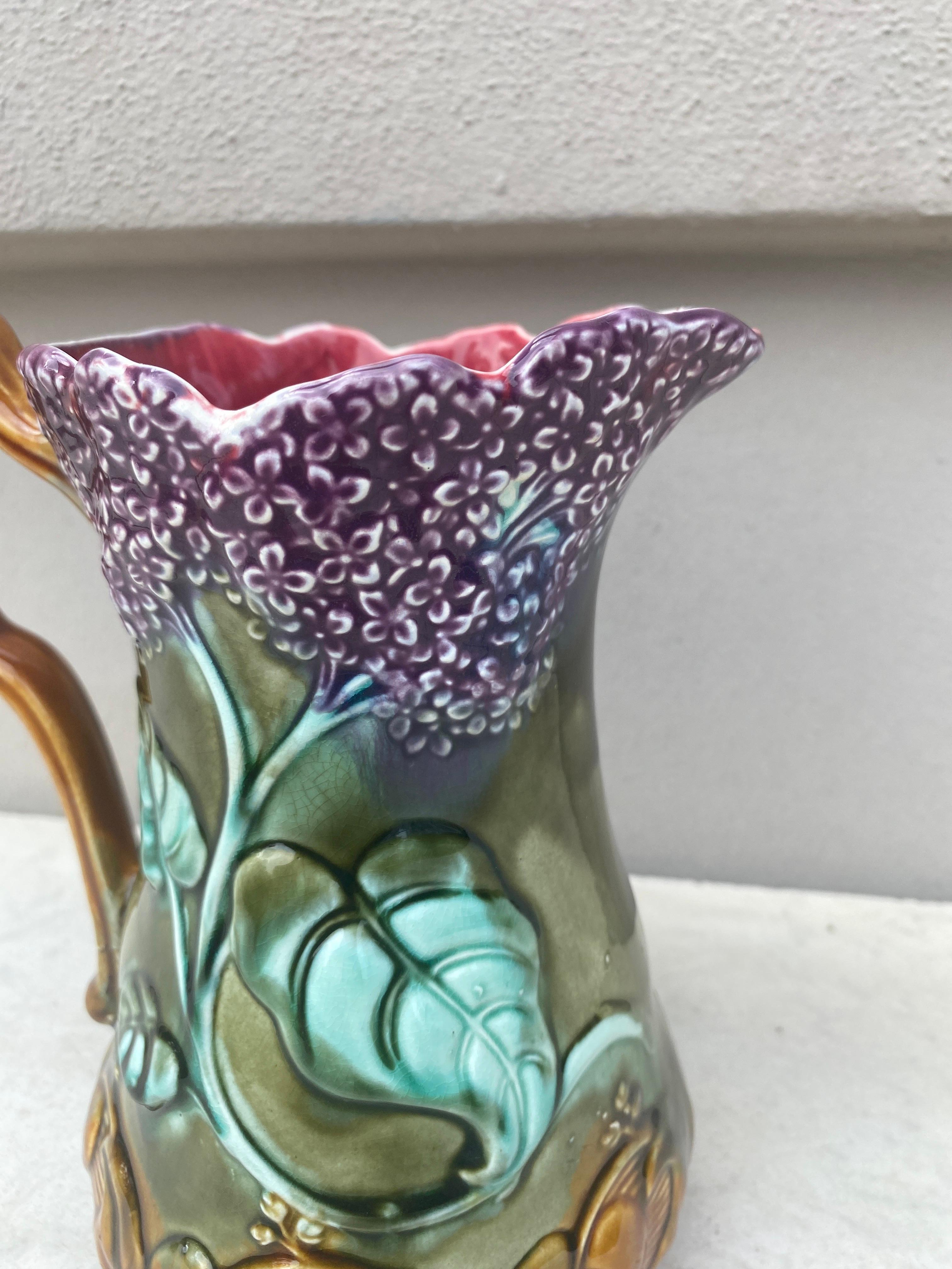 Rustic 19th Century Majolica Lilac Pitcher Onnaing For Sale