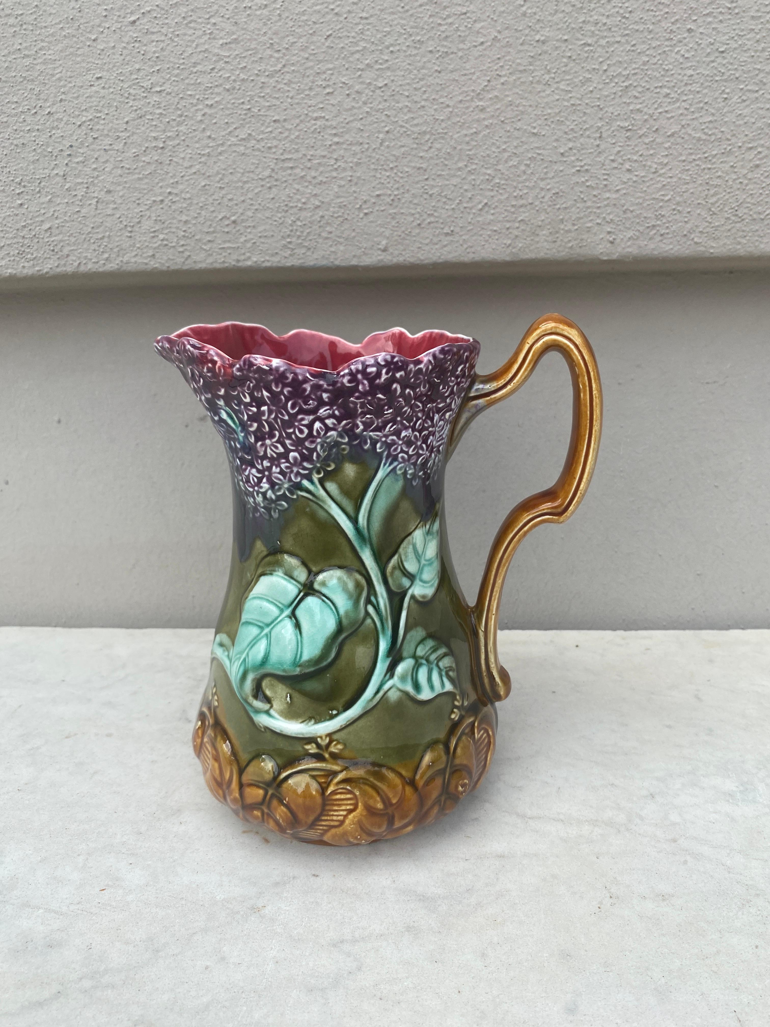 French 19th Century Majolica Lilac Pitcher Onnaing For Sale
