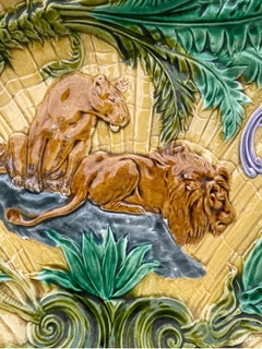 19th Century Majolica Lion and Lioness Platter Salins