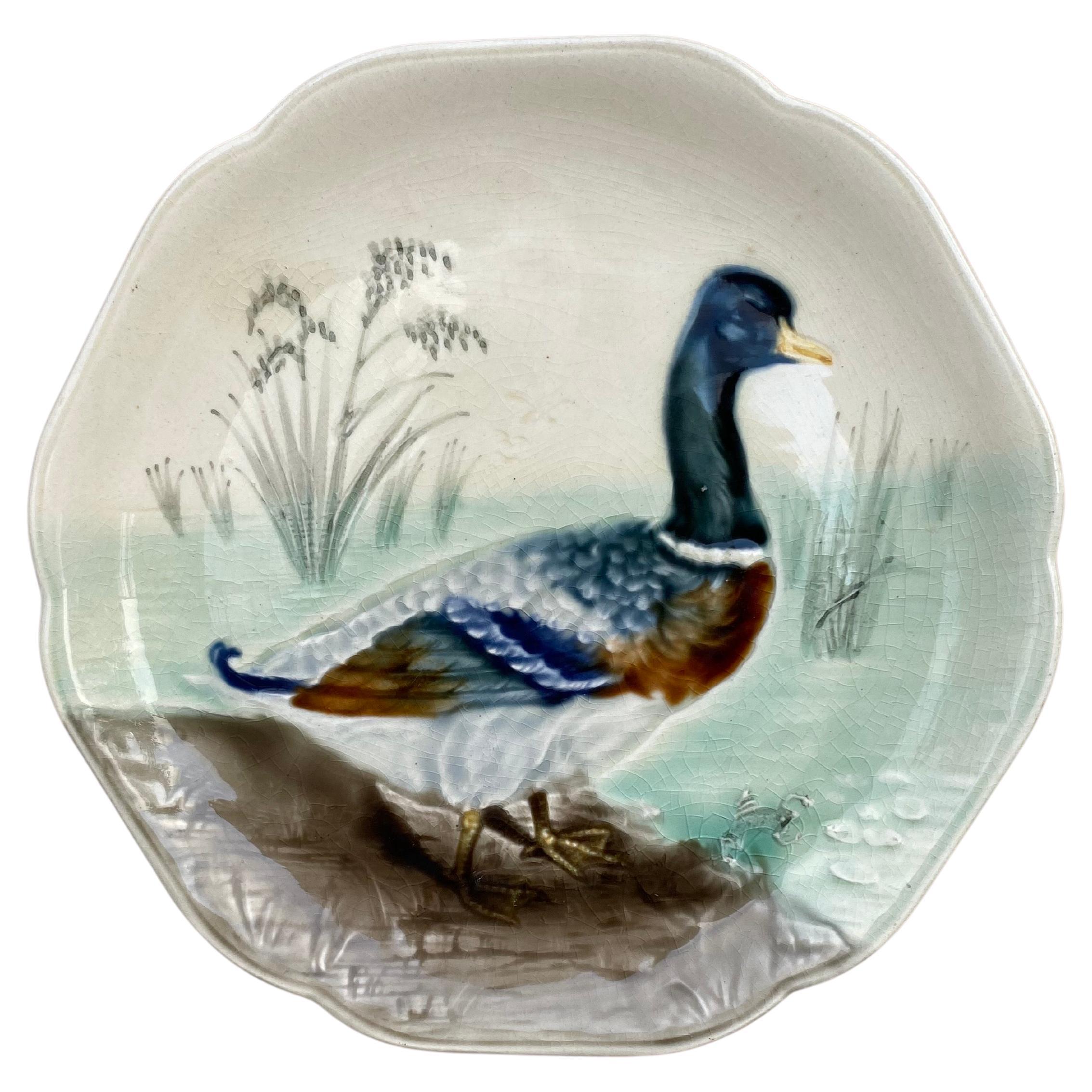 19th Century Majolica Mallard Duck Plate Choisy Le Roi For Sale