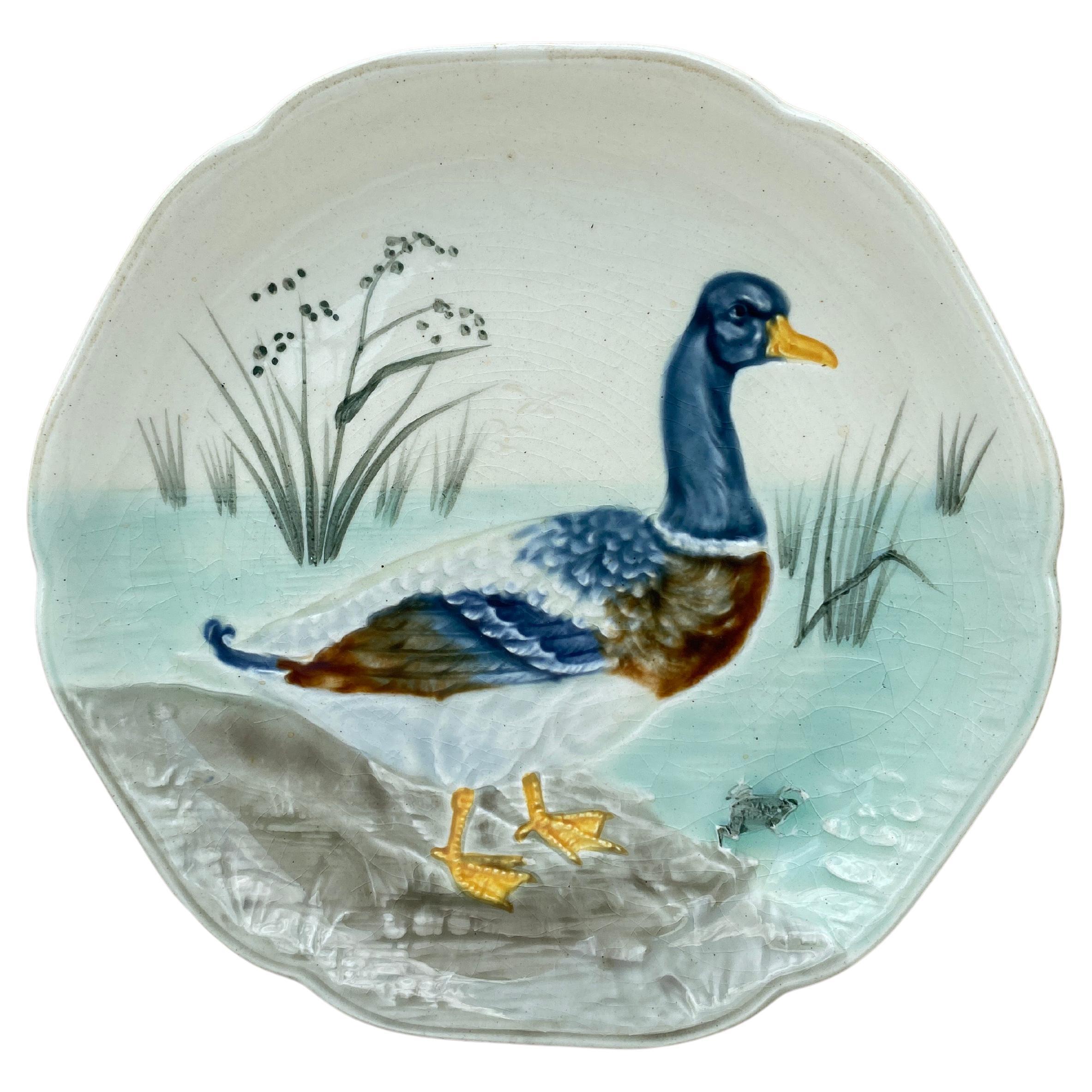 19th Century Majolica Mallard Duck Plate Choisy Le Roi For Sale