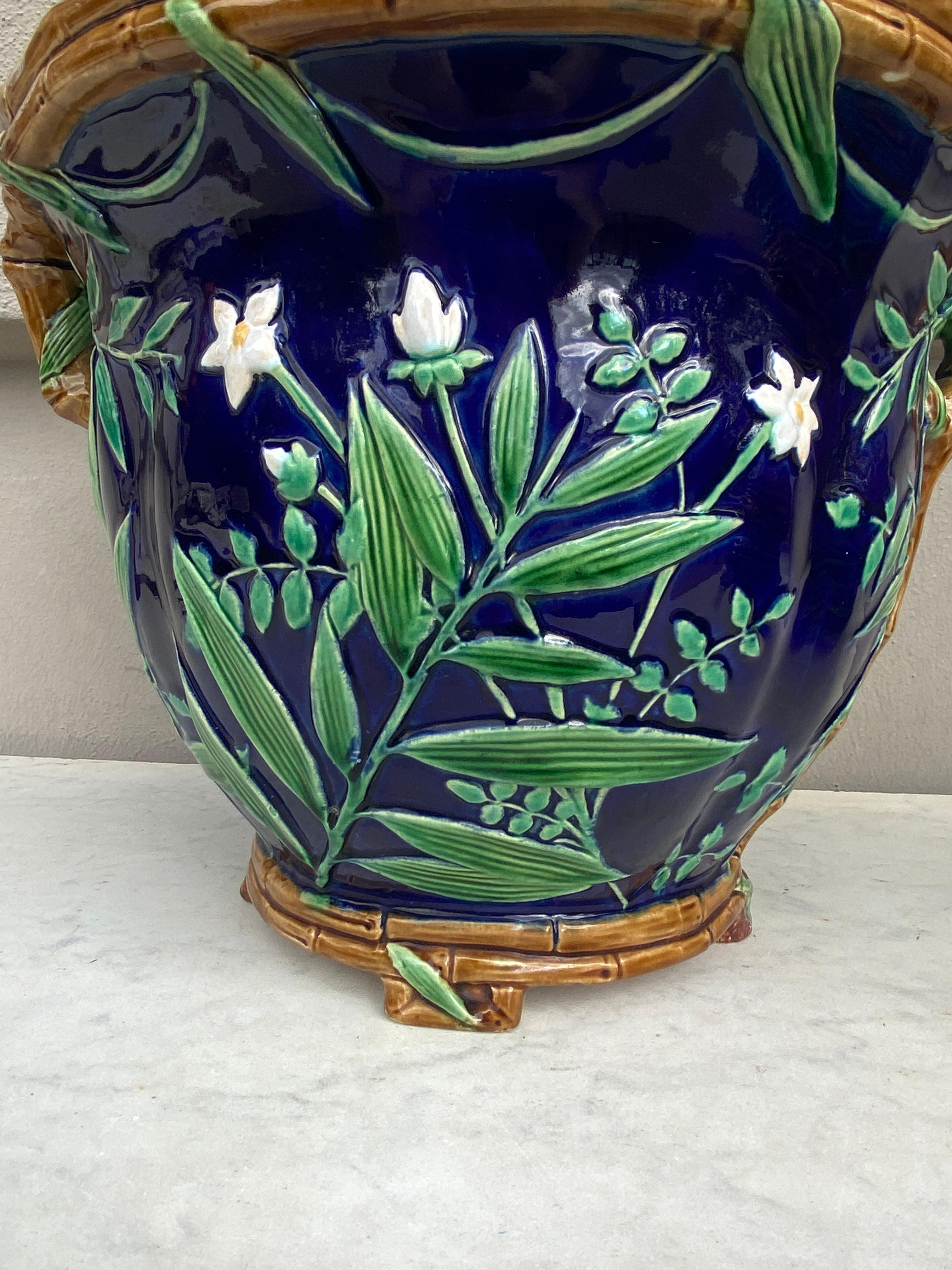 Ceramic 19th Century Majolica Minton Bamboo & Flowers Jardiniere For Sale