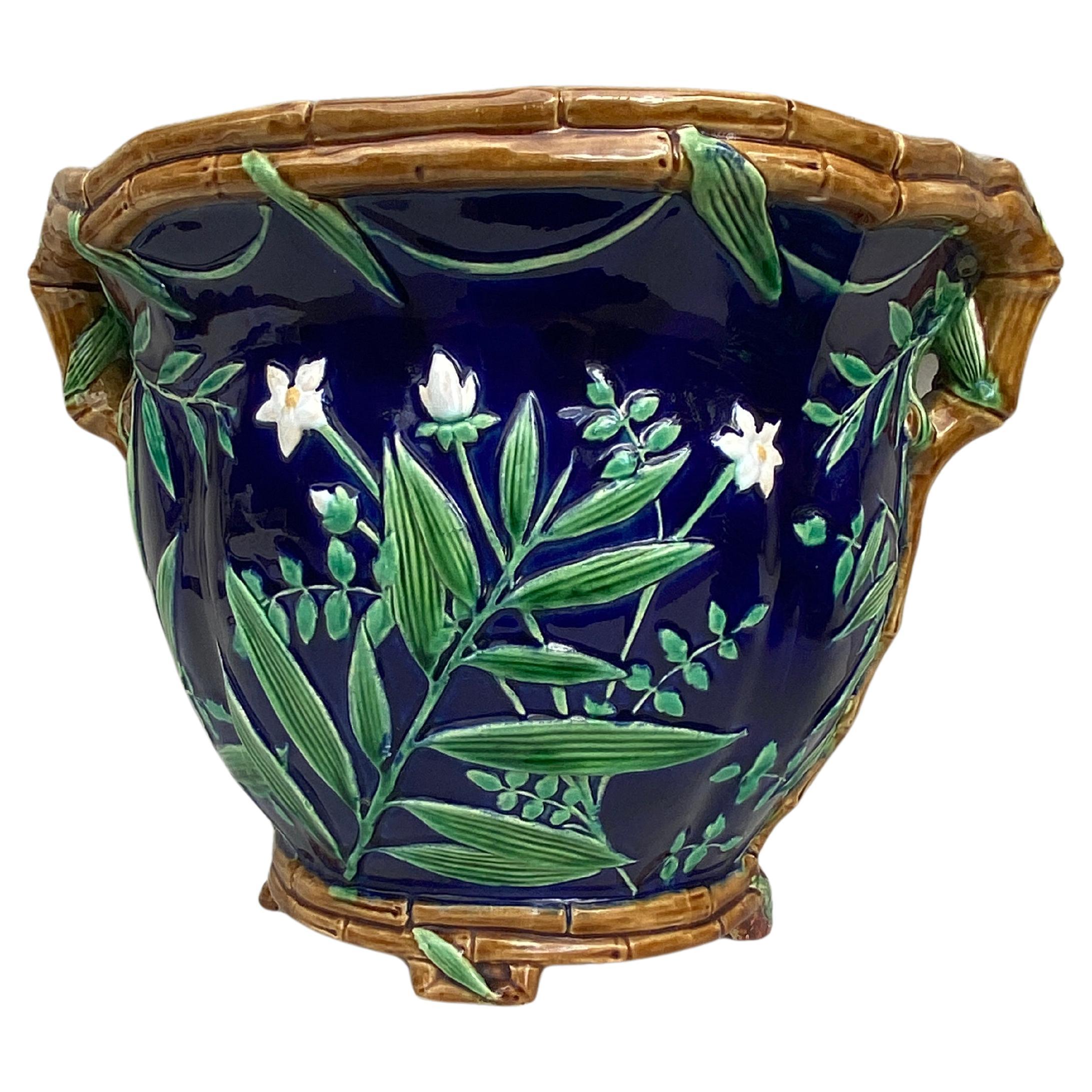 19th Century Majolica Minton Bamboo & Flowers Jardiniere For Sale