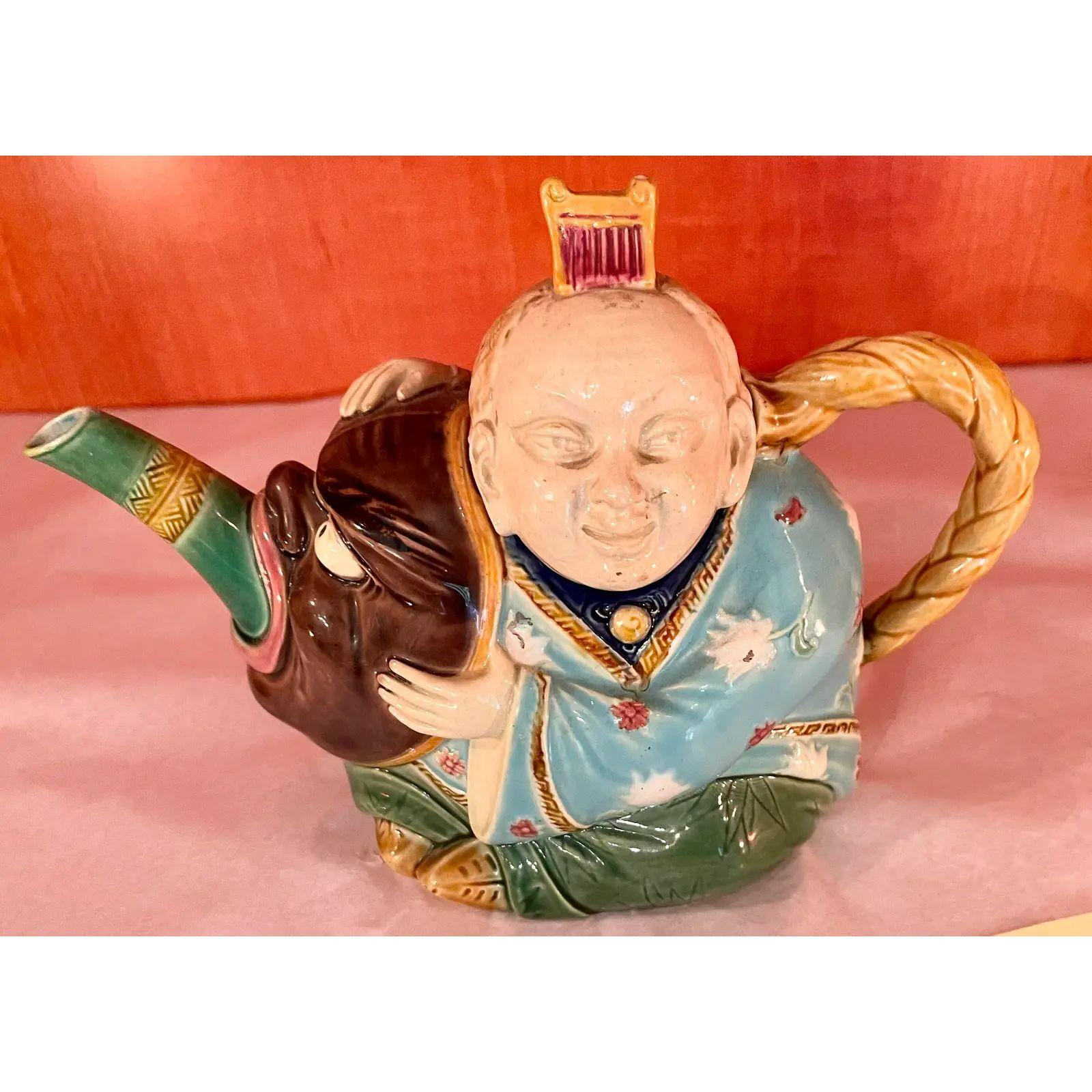 19th Century 19th-Century Majolica Minton Chinese Man Figural Teapot For Sale