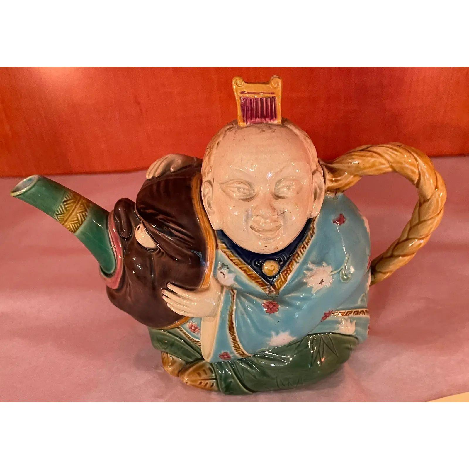 Pottery 19th-Century Majolica Minton Chinese Man Figural Teapot For Sale