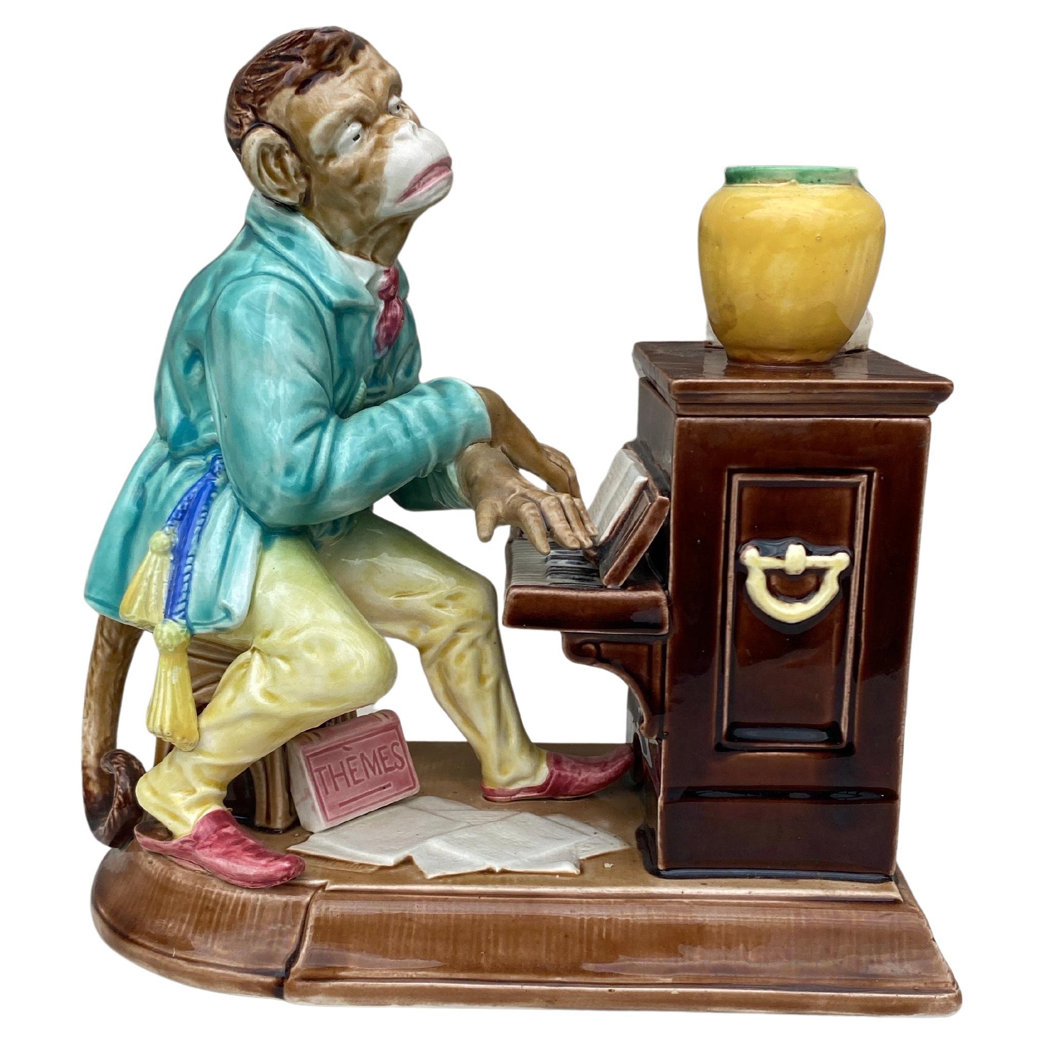 Siglo XIX Mayólica Mono Pianista Humidor Tarro Tabaco Sarreguemines