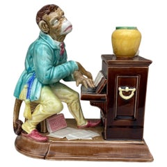 Pot à tabac humidificateur Pianist Monkey du 19ème siècle Sarreguemines