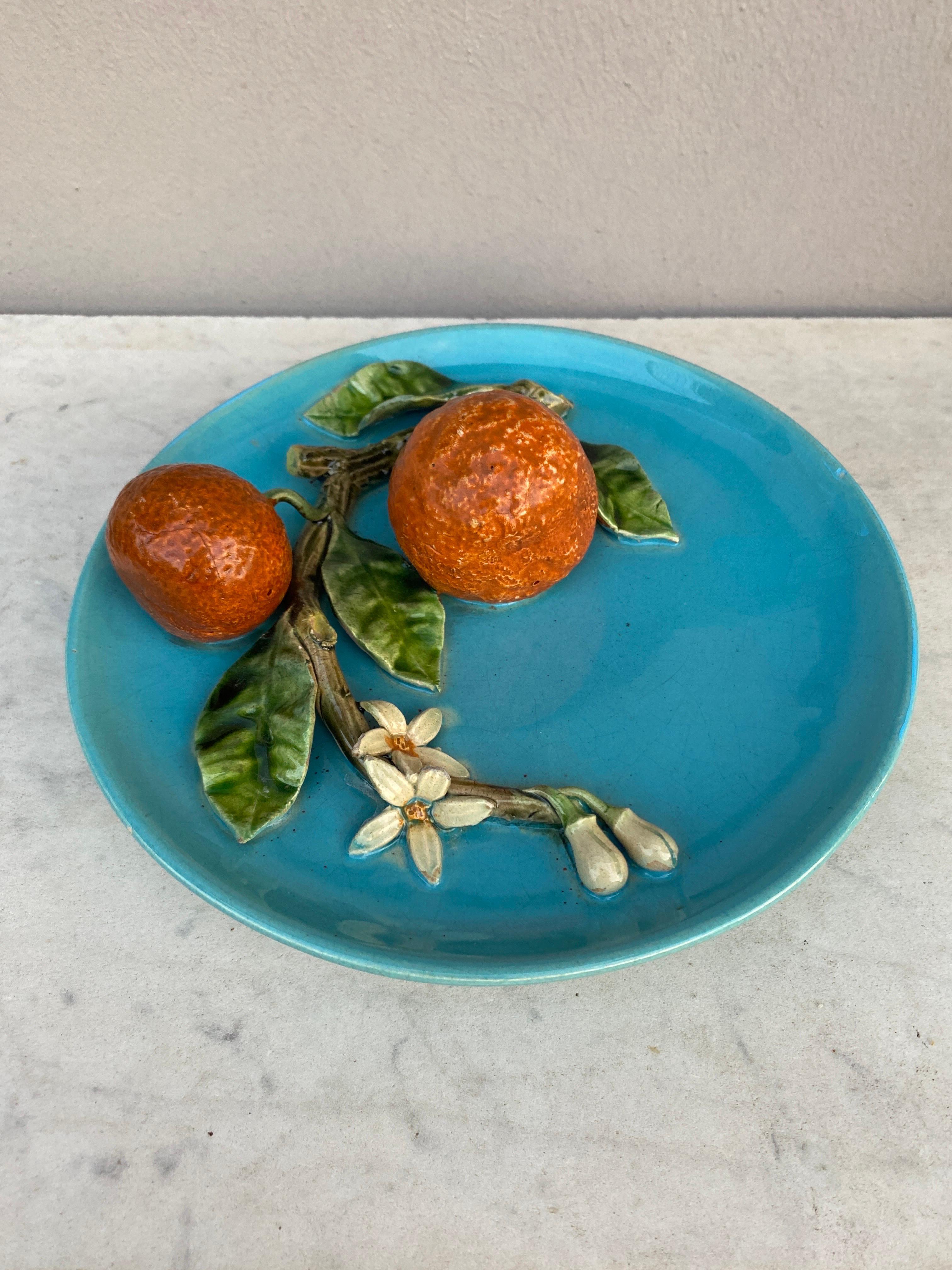 19th Century colorful aqua turquoise Majolica oranges wall platter Perret Gentil Menton.
 