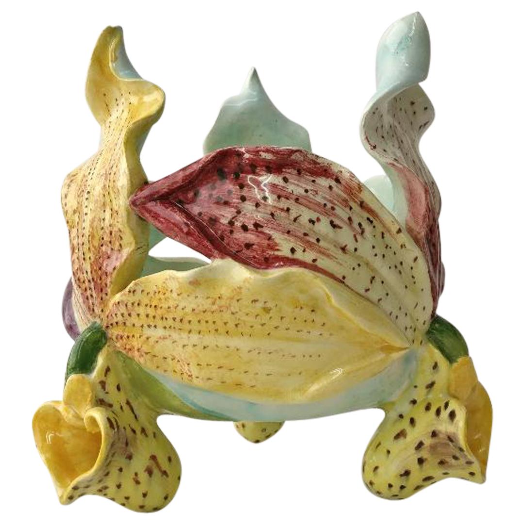 Cache-pot en majolique orchidée du 19e siècle Delphin Massier