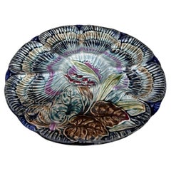 19th Century Majolica Oyster Plate, Blue Floral Design, Belgium