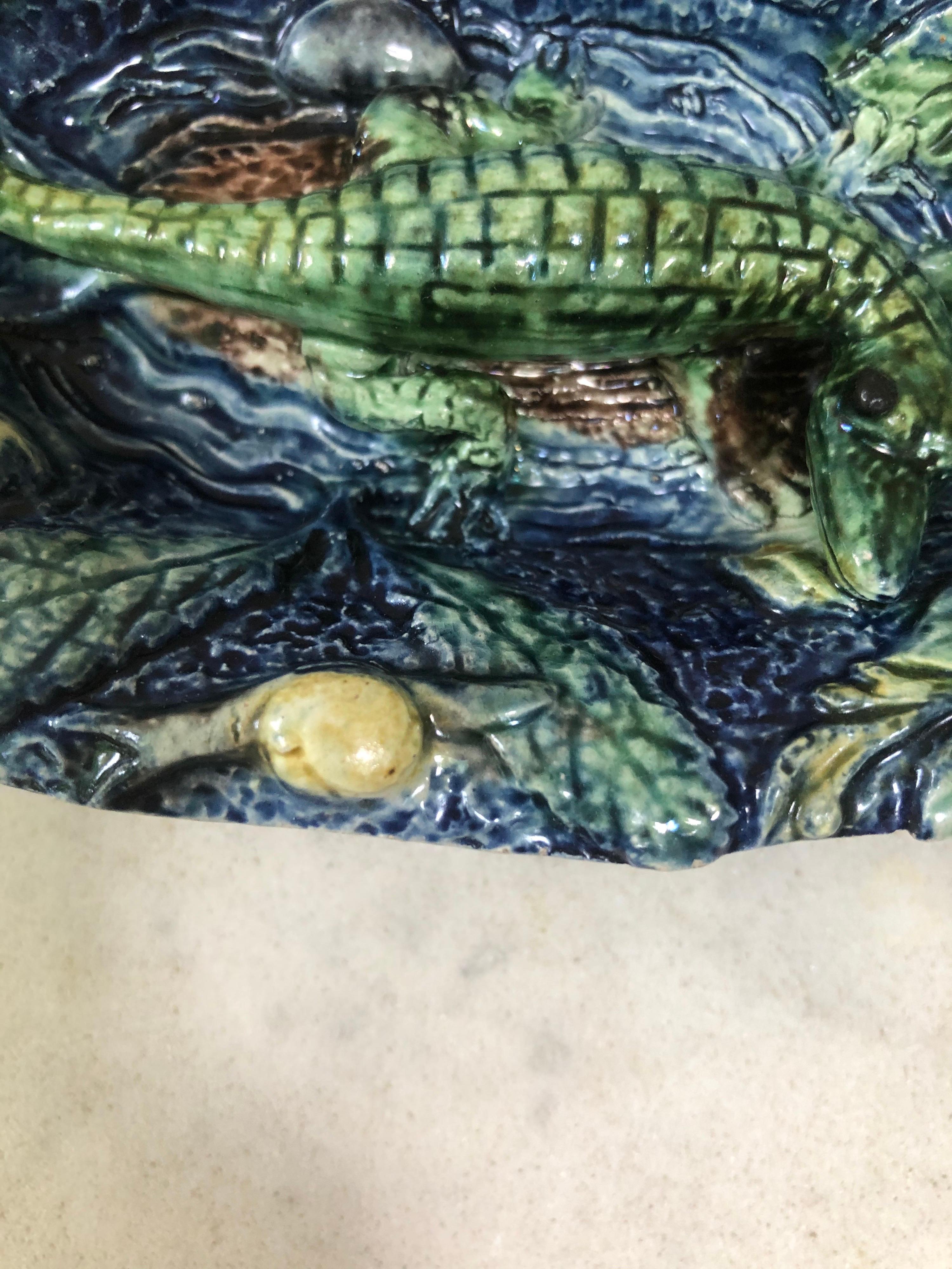 19th Century Majolica Palissy Alligator Wall Platter Thomas Sergent In Good Condition For Sale In Austin, TX