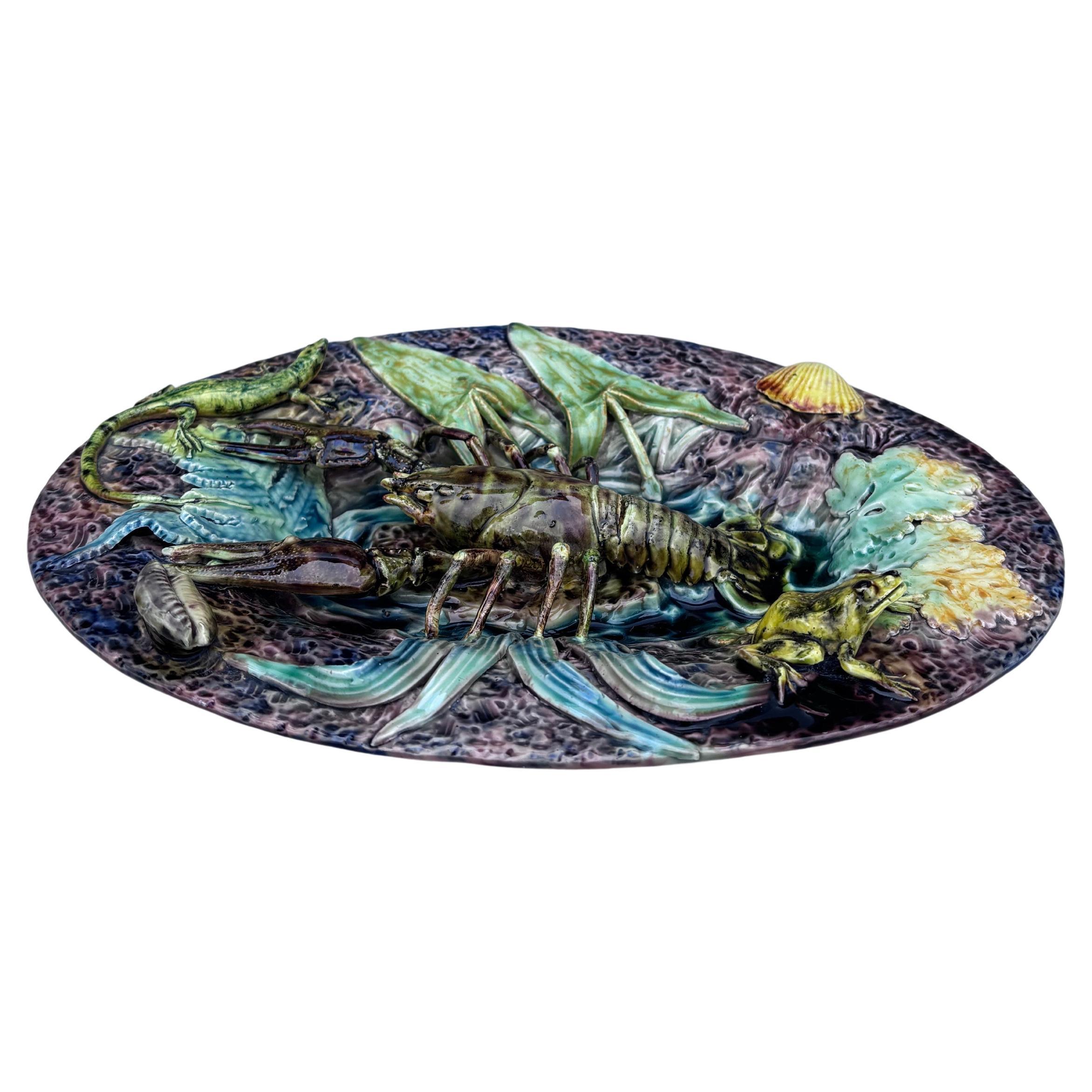 19th Century Majolica Palissy crawfish platter signed Thomas Sergent.
Frog, Lizard,shells and leaves.