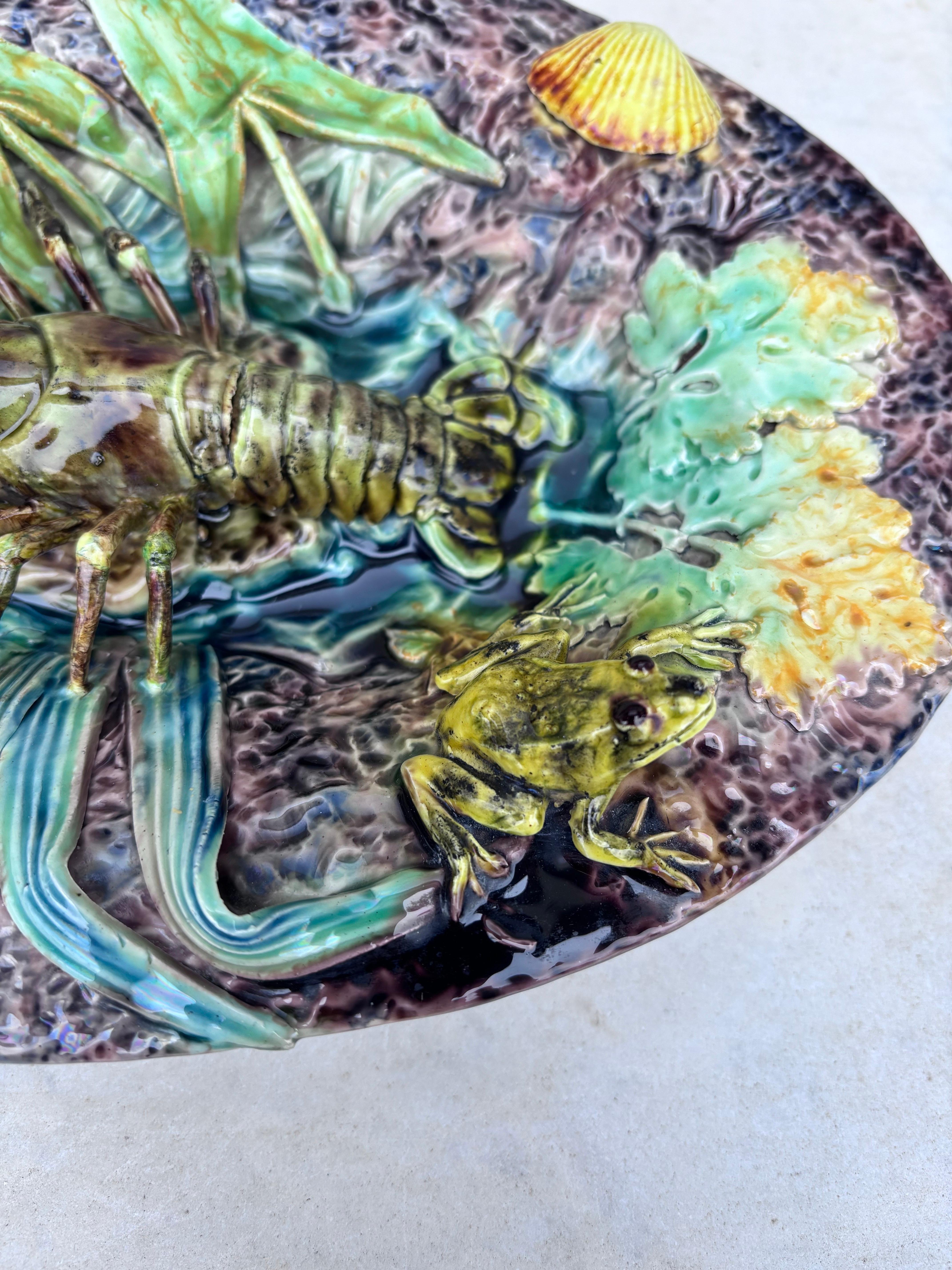 Ceramic 19th Century Majolica Palissy Crawfish Platter Thomas Sergent For Sale
