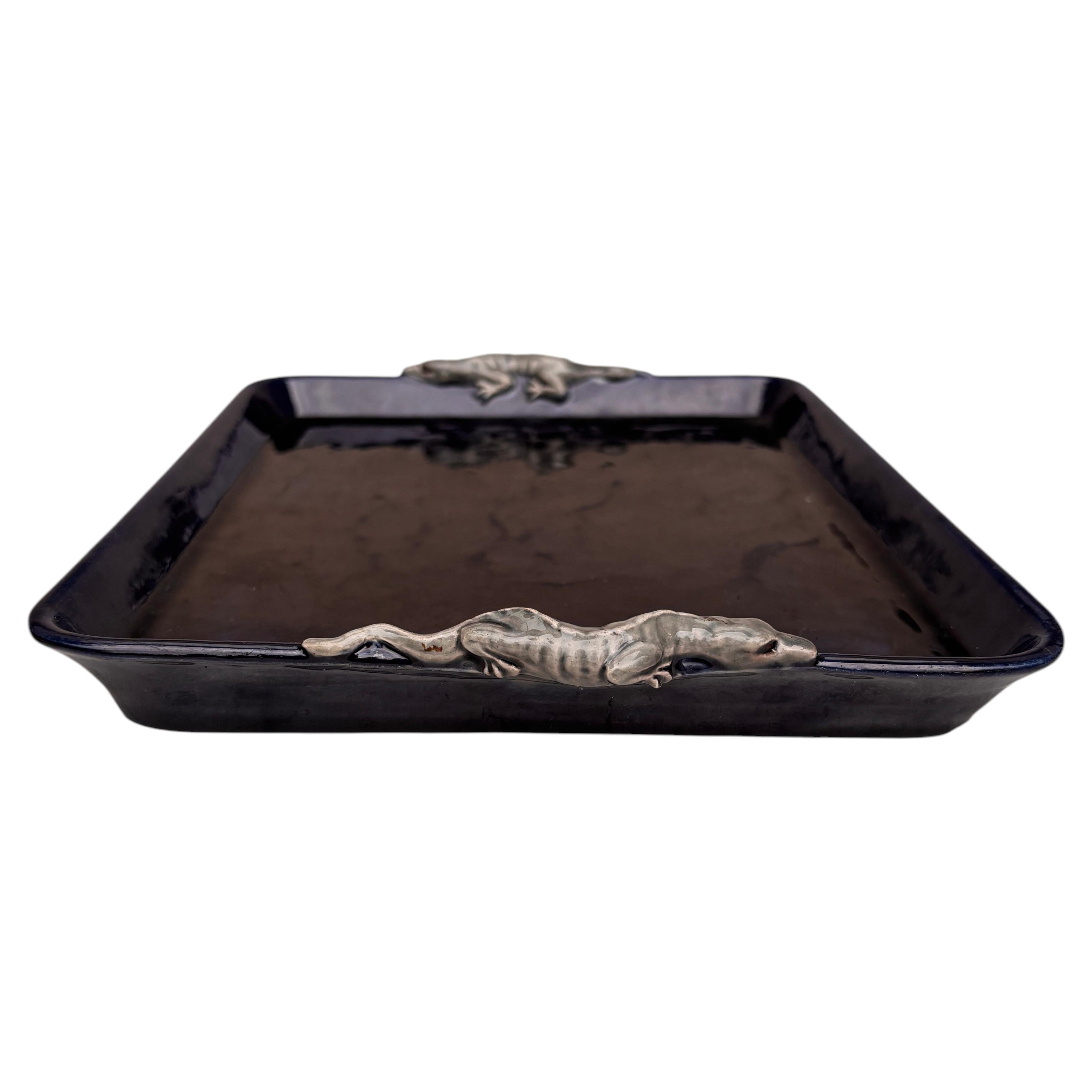 Plat à dragon Palissy en majolique du XIXe siècle Thomas Sergent en vente