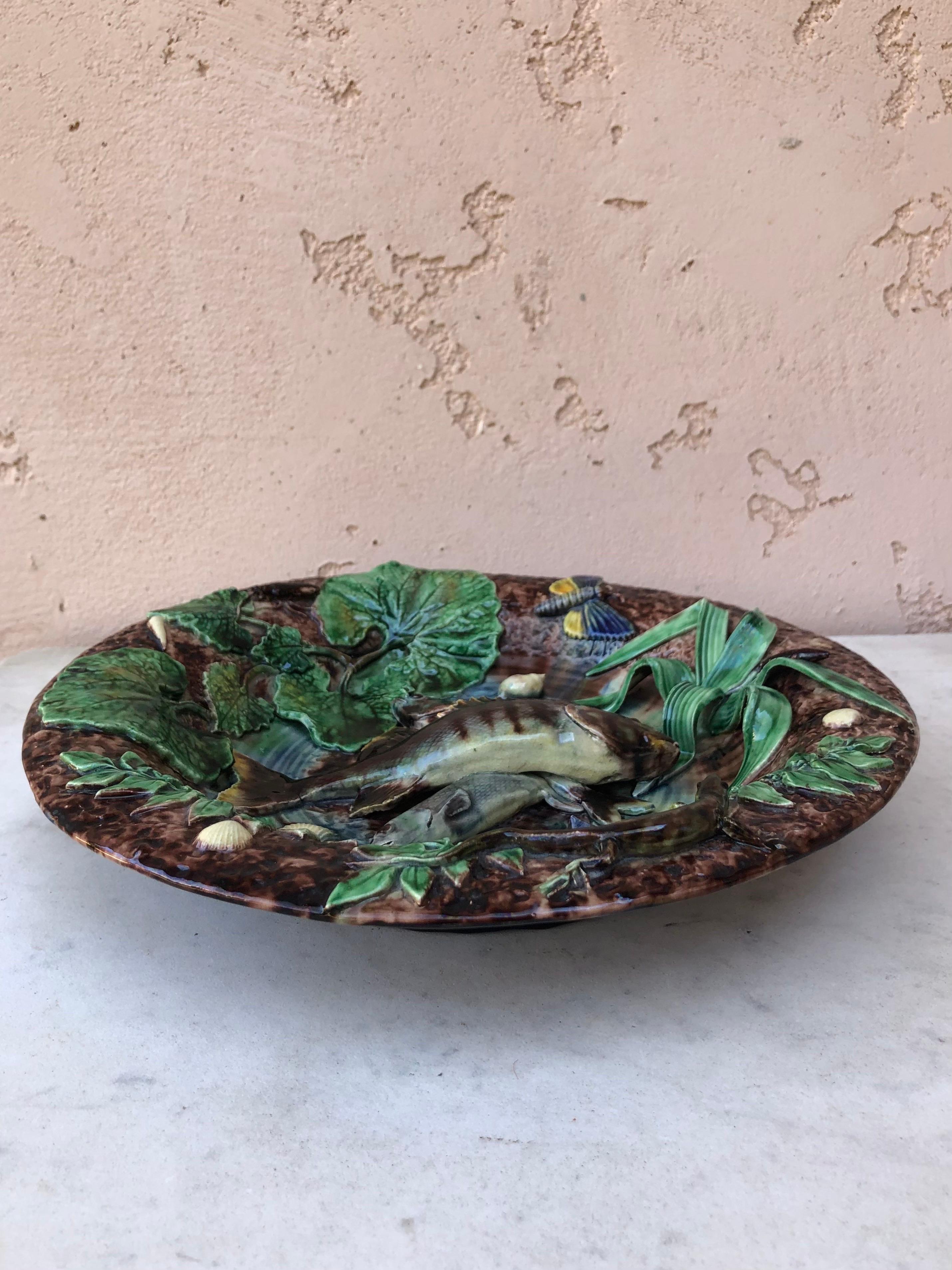 Ceramic 19th Century Majolica Palissy Fishs Wall Platter by Victor Barbizet For Sale