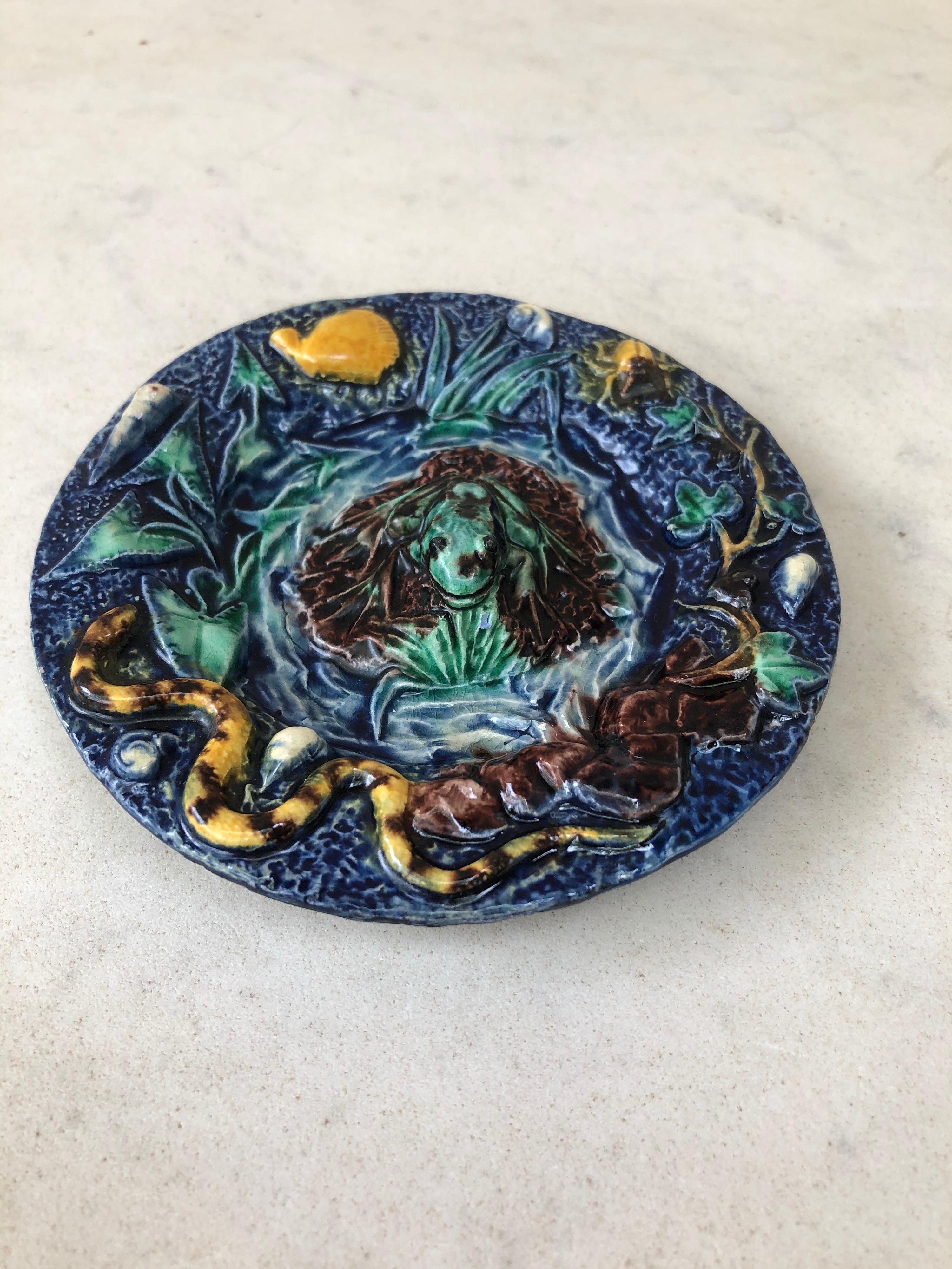 Victorian 19th Century Majolica Palissy Frog Wall Platter Thomas Sergent For Sale