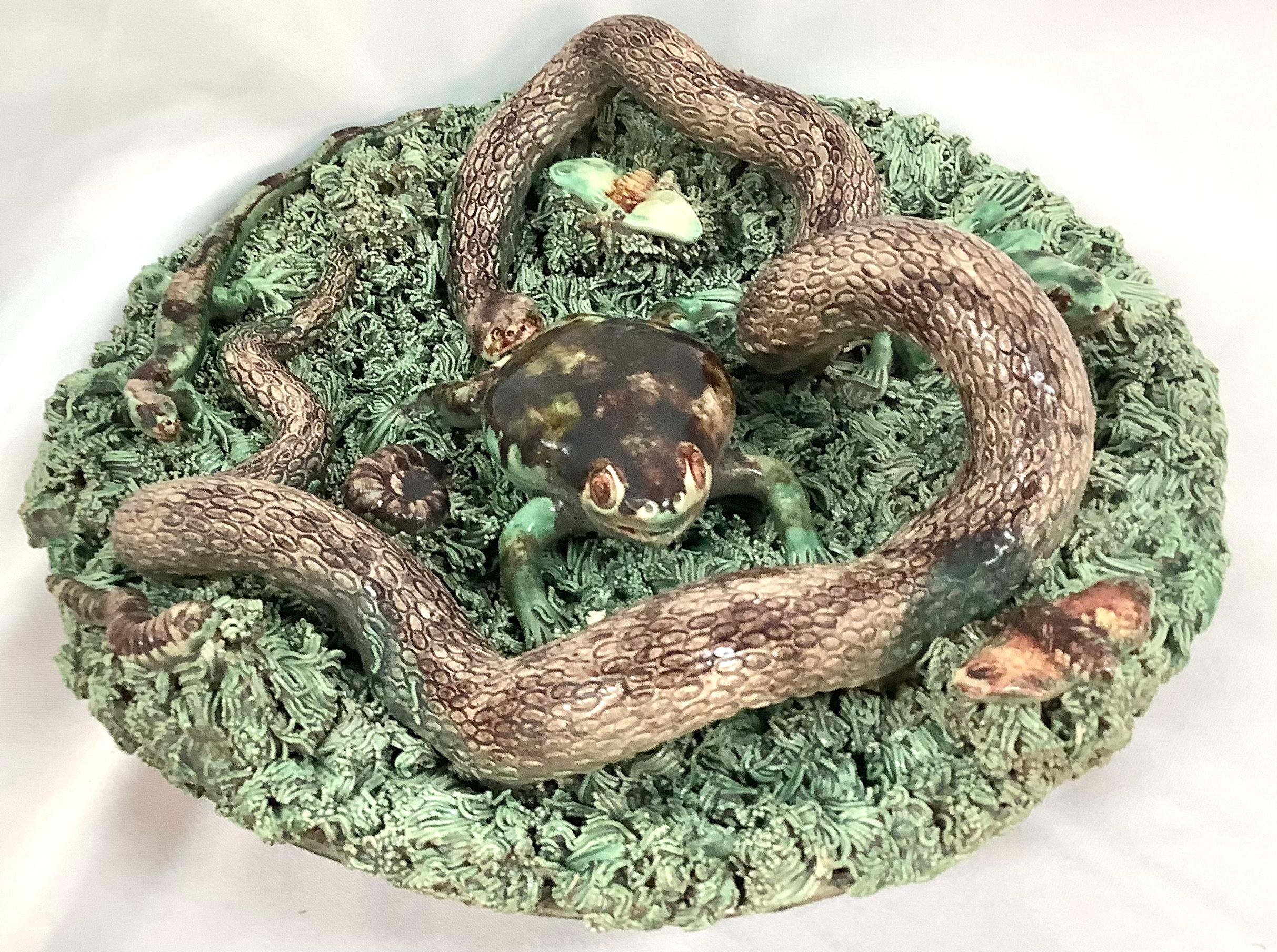 Portuguese 19th Century Majolica Palissy Large Snake and Frog Wall Platter Jose Alves Cunha For Sale