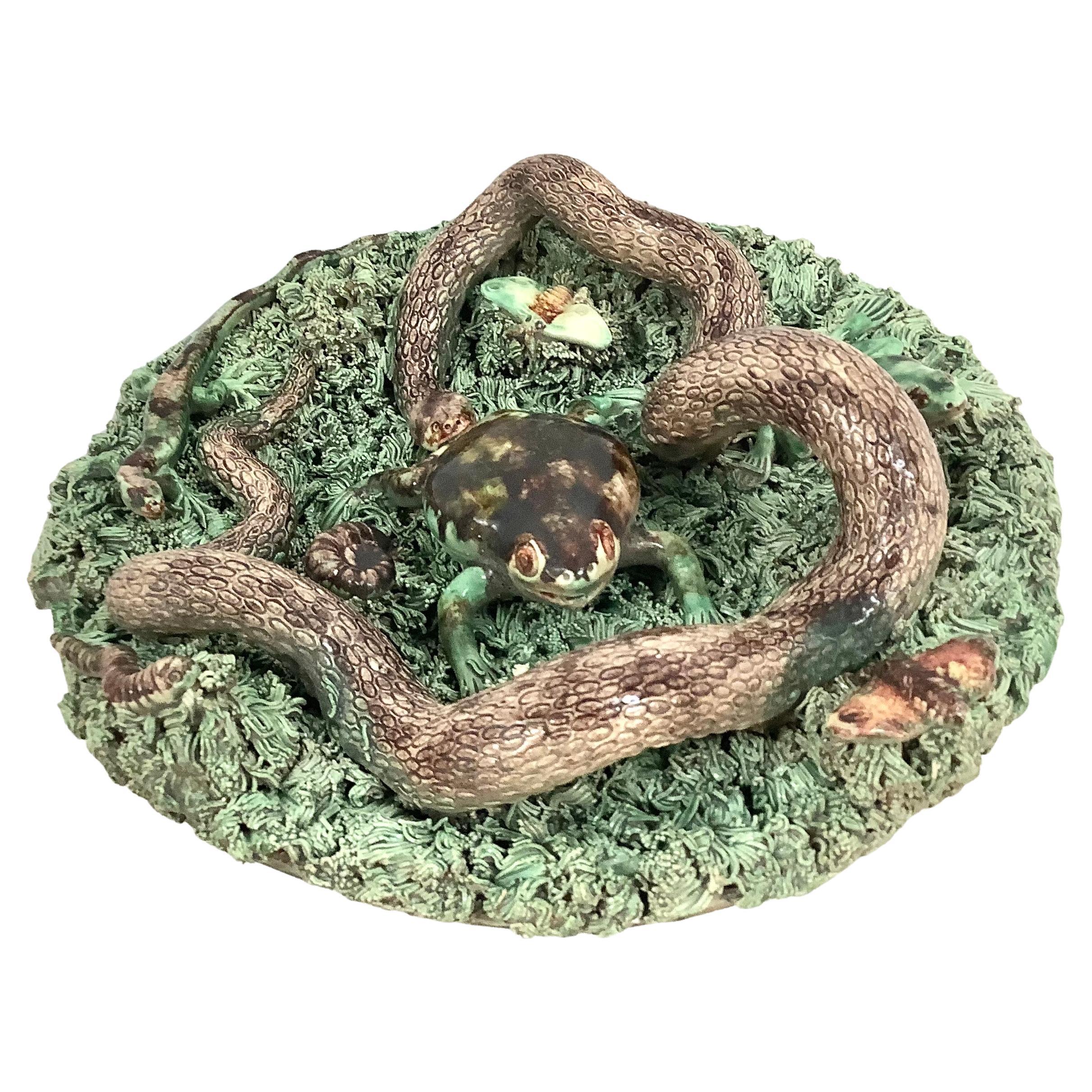 19th Century Majolica Palissy Large Snake and Frog Wall Platter Jose Alves Cunha For Sale