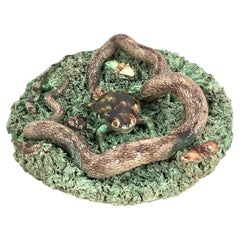 Plato de Pared Palissy Grande Serpiente y Rana Siglo XIX José Alves Cunha