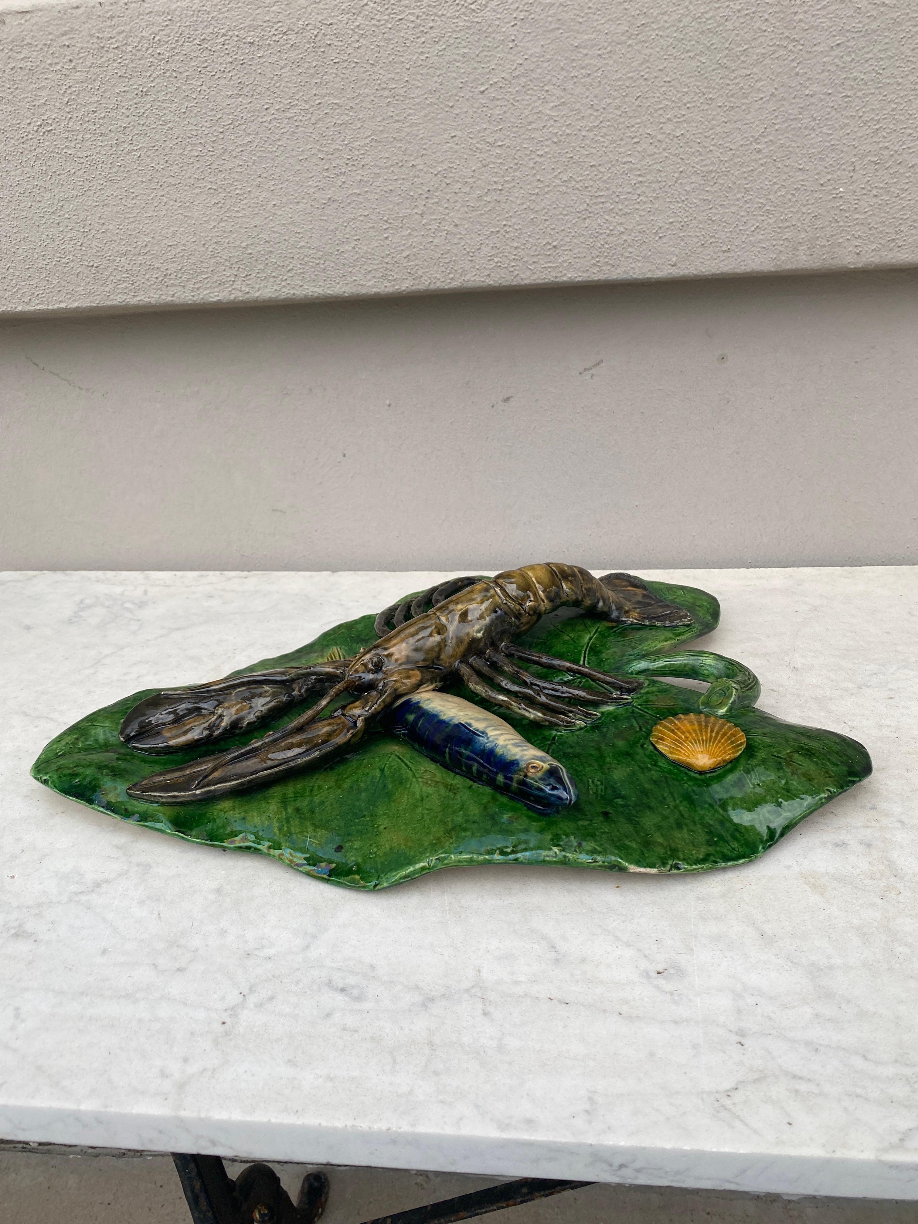 19th Century Majolica Palissy Leaf Wall Fish & Lobster Platter Alfred Renoleau For Sale 3
