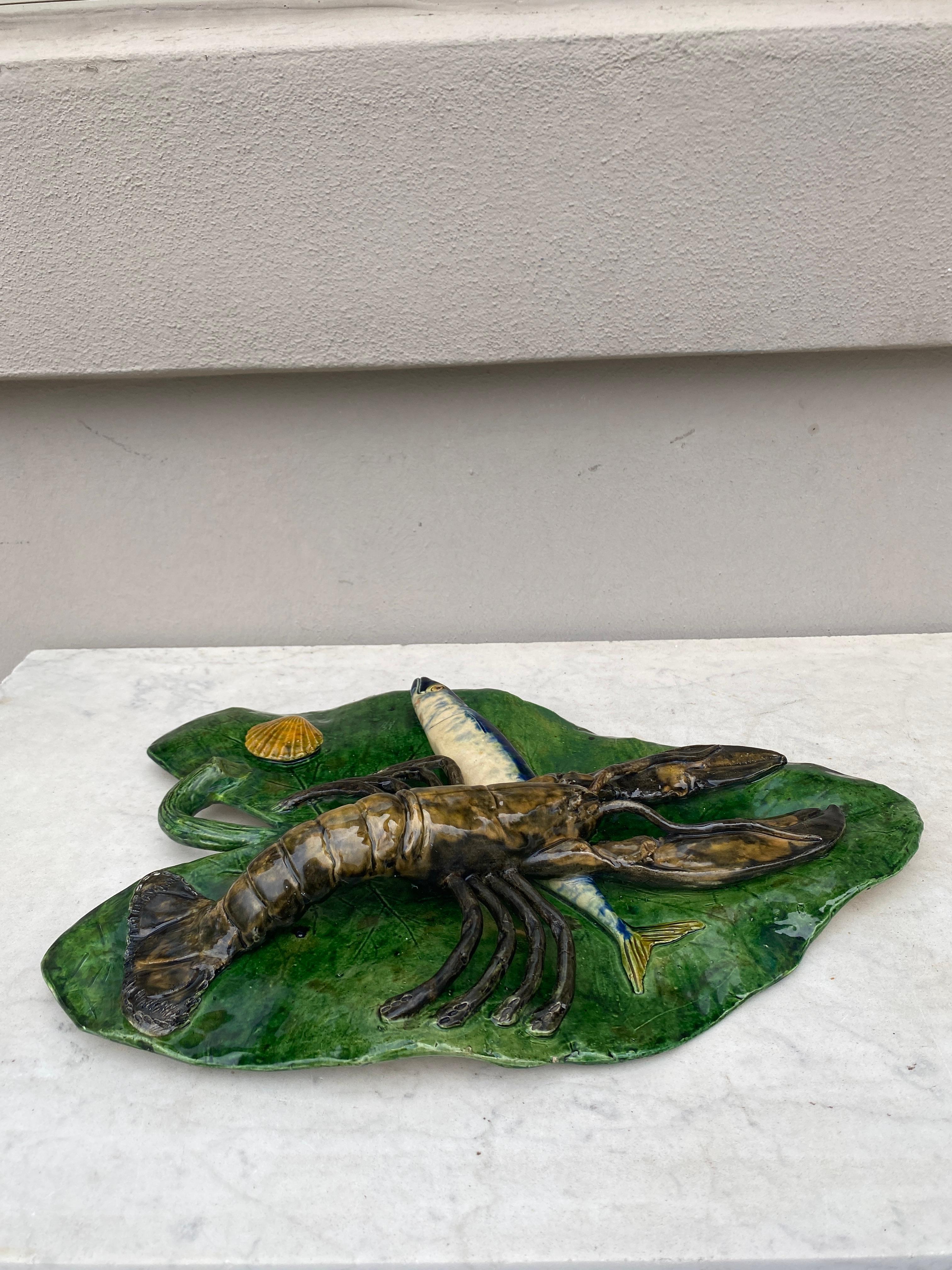 19th Century Majolica Palissy Leaf Wall Fish & Lobster Platter Alfred Renoleau For Sale 4