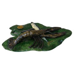 19. Jahrhundert Majolika-Palissy-Blatt-Wandteller mit Fisch- und Hummermotiven Alfred Renoleau