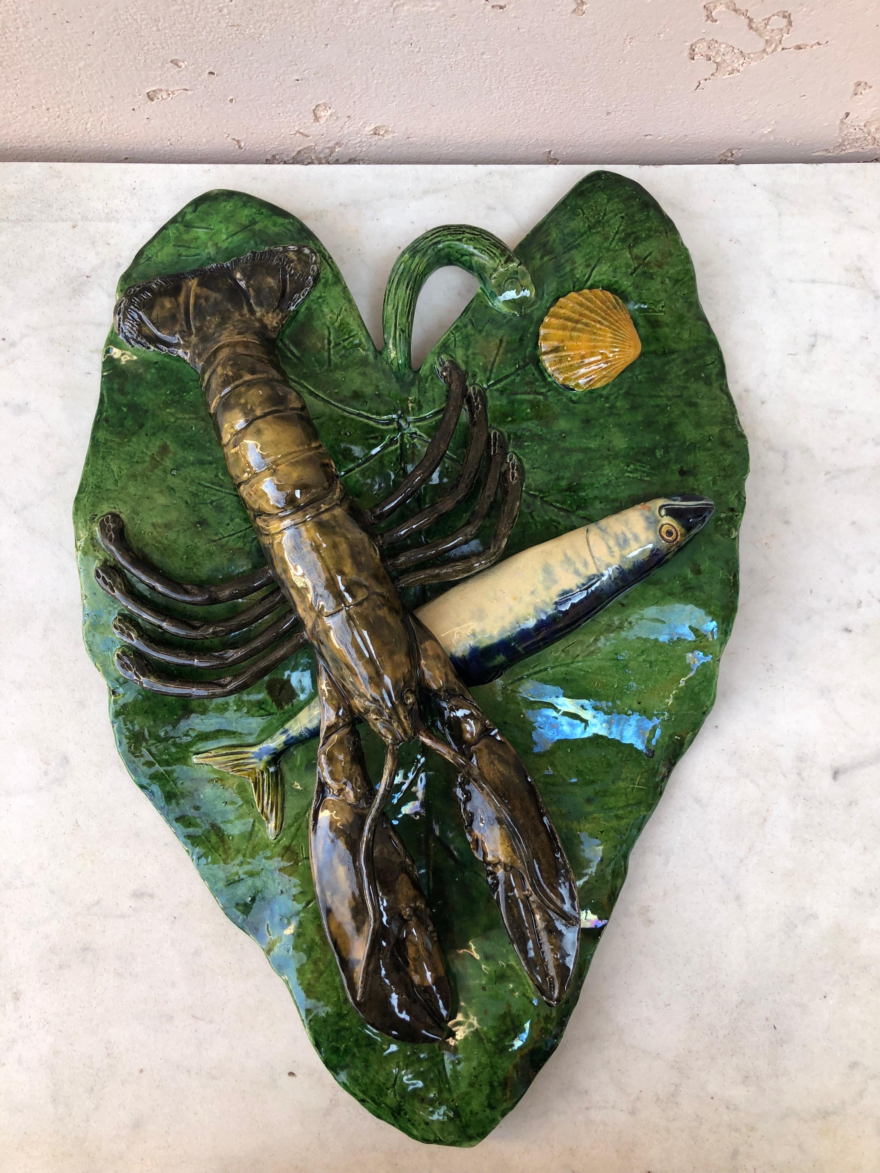 French 19th Century Majolica Palissy Leaf Wall Fish & Lobster Platter Alfred Renoleau For Sale