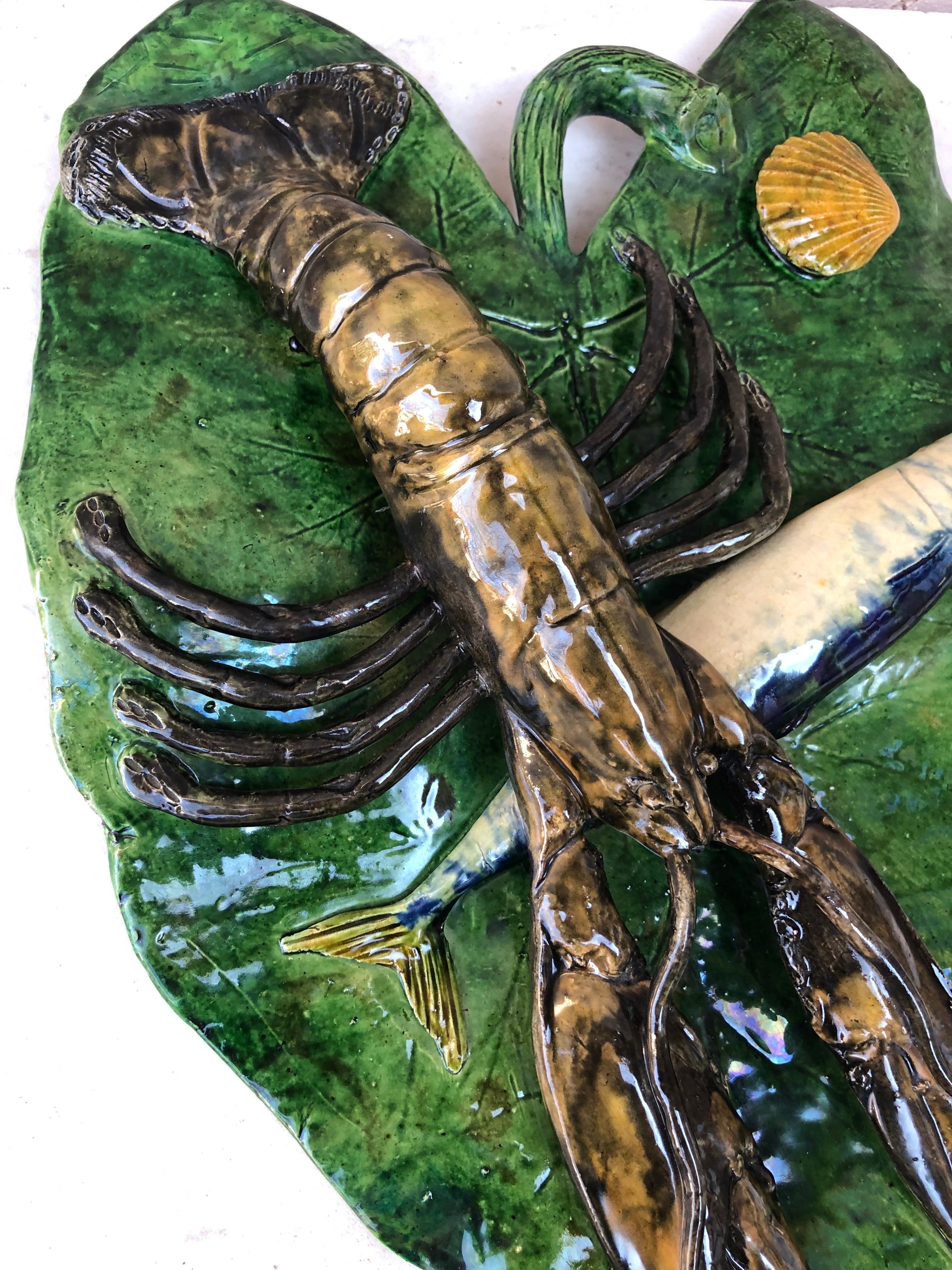 19th Century Majolica Palissy Leaf Wall Fish & Lobster Platter Alfred Renoleau In Good Condition For Sale In Austin, TX
