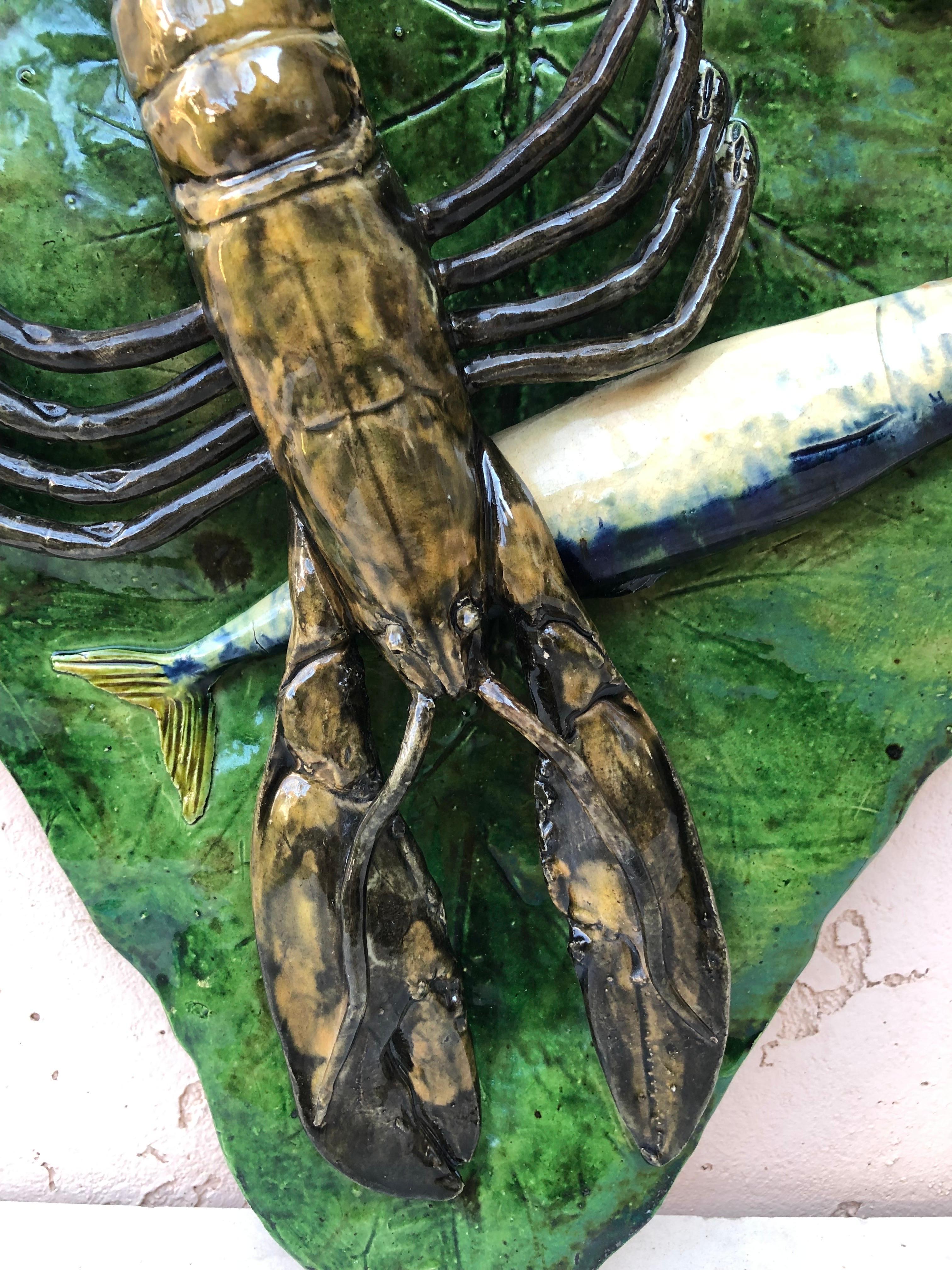 Late 19th Century 19th Century Majolica Palissy Leaf Wall Fish & Lobster Platter Alfred Renoleau For Sale