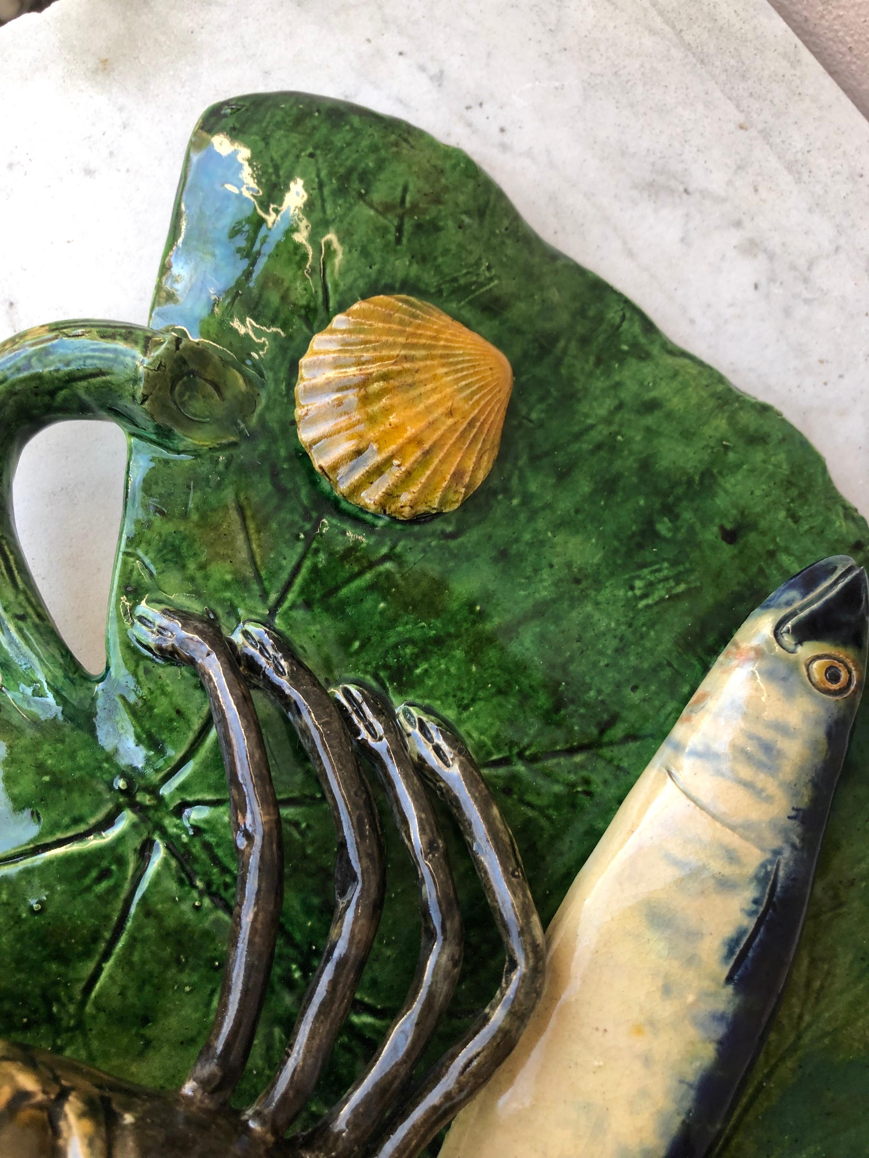 19th Century Majolica Palissy Leaf Wall Fish & Lobster Platter Alfred Renoleau For Sale 1