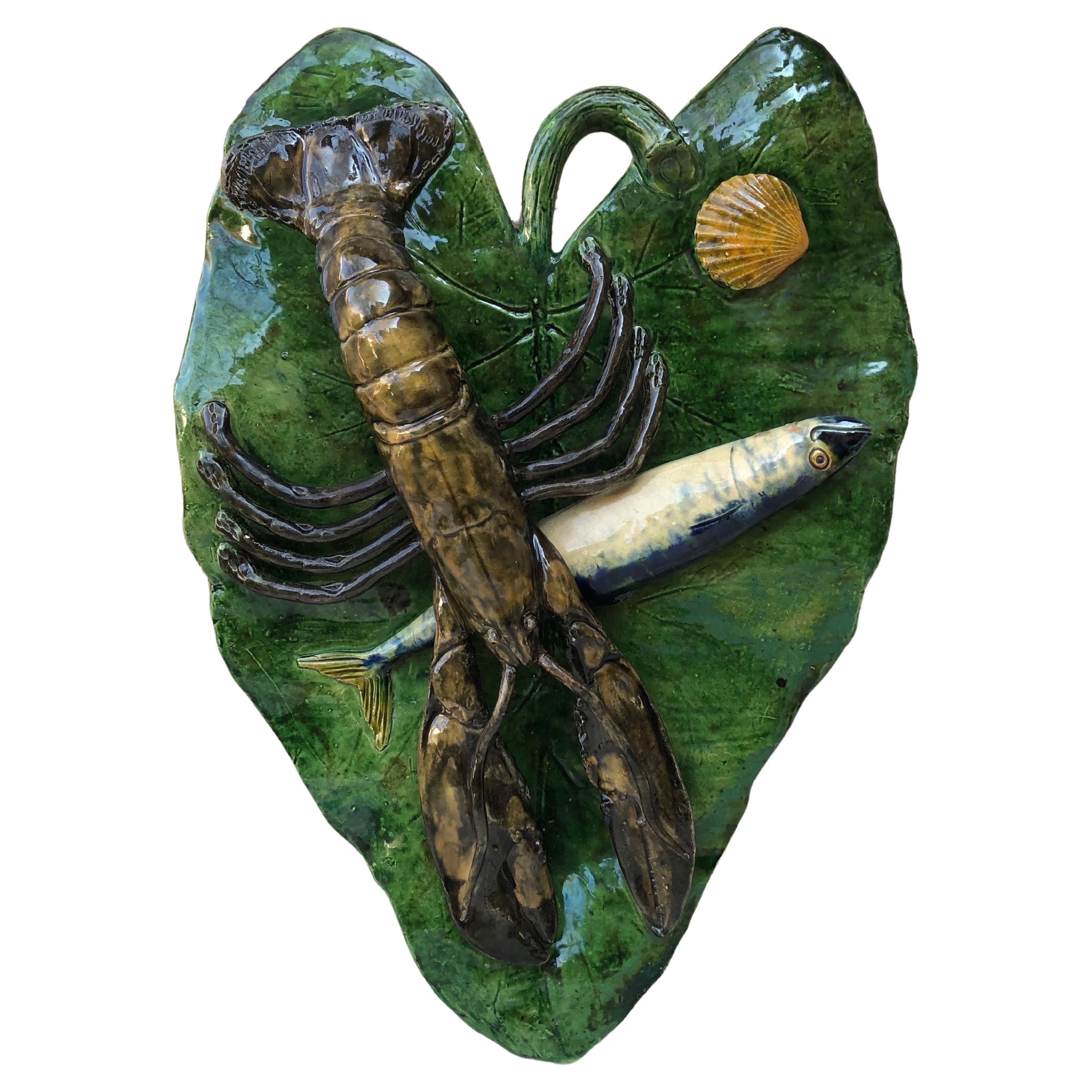 19. Jahrhundert Majolika-Palissy-Blatt-Wandteller mit Fisch- und Hummermotiven Alfred Renoleau