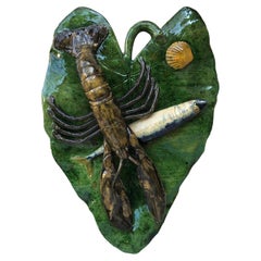 19. Jahrhundert Majolika-Palissy-Blatt-Wandteller mit Fisch- und Hummermotiven Alfred Renoleau