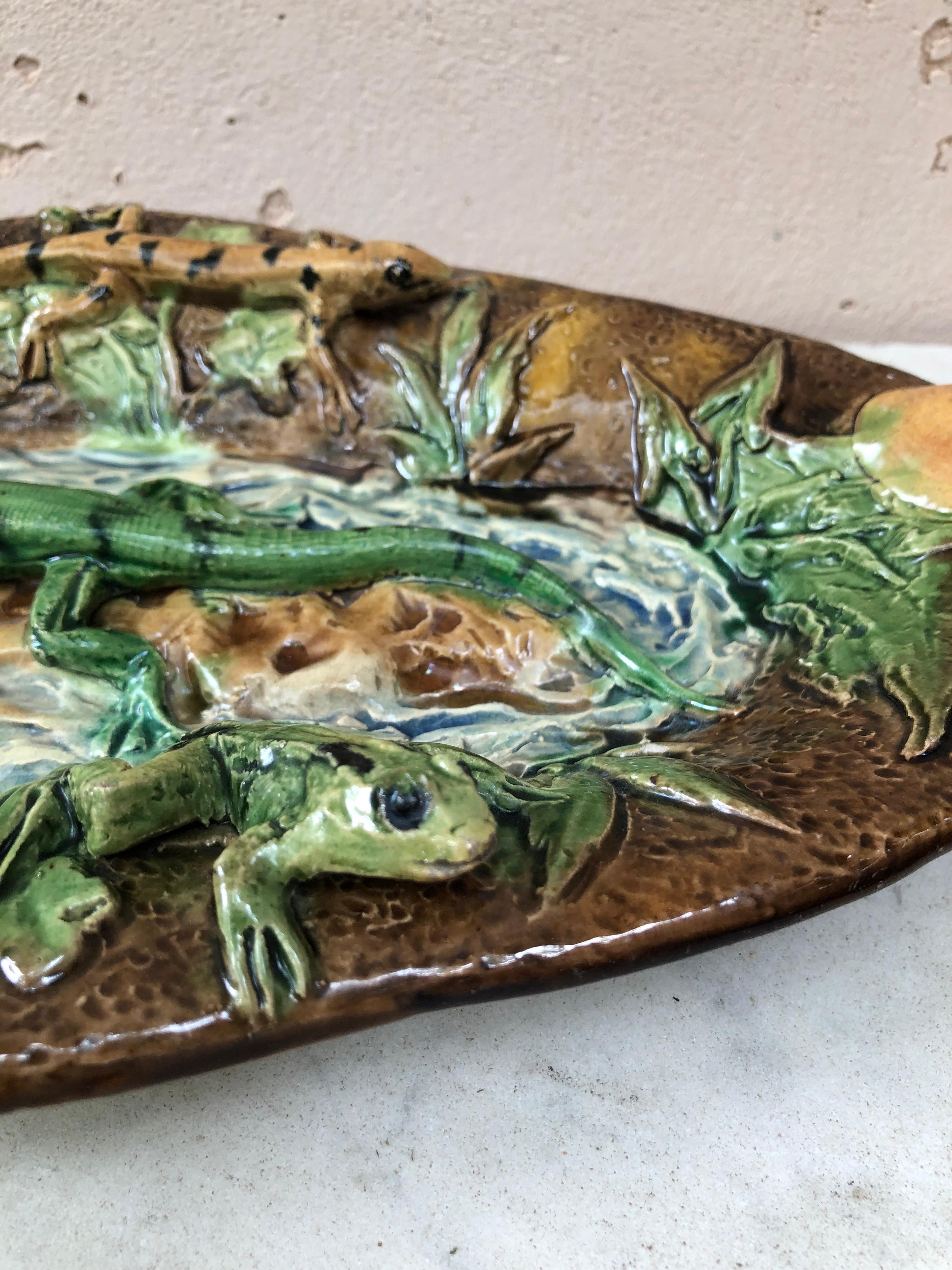 French 19th Century Majolica Palissy Lizard Wall Platter Alfred Renoleau For Sale