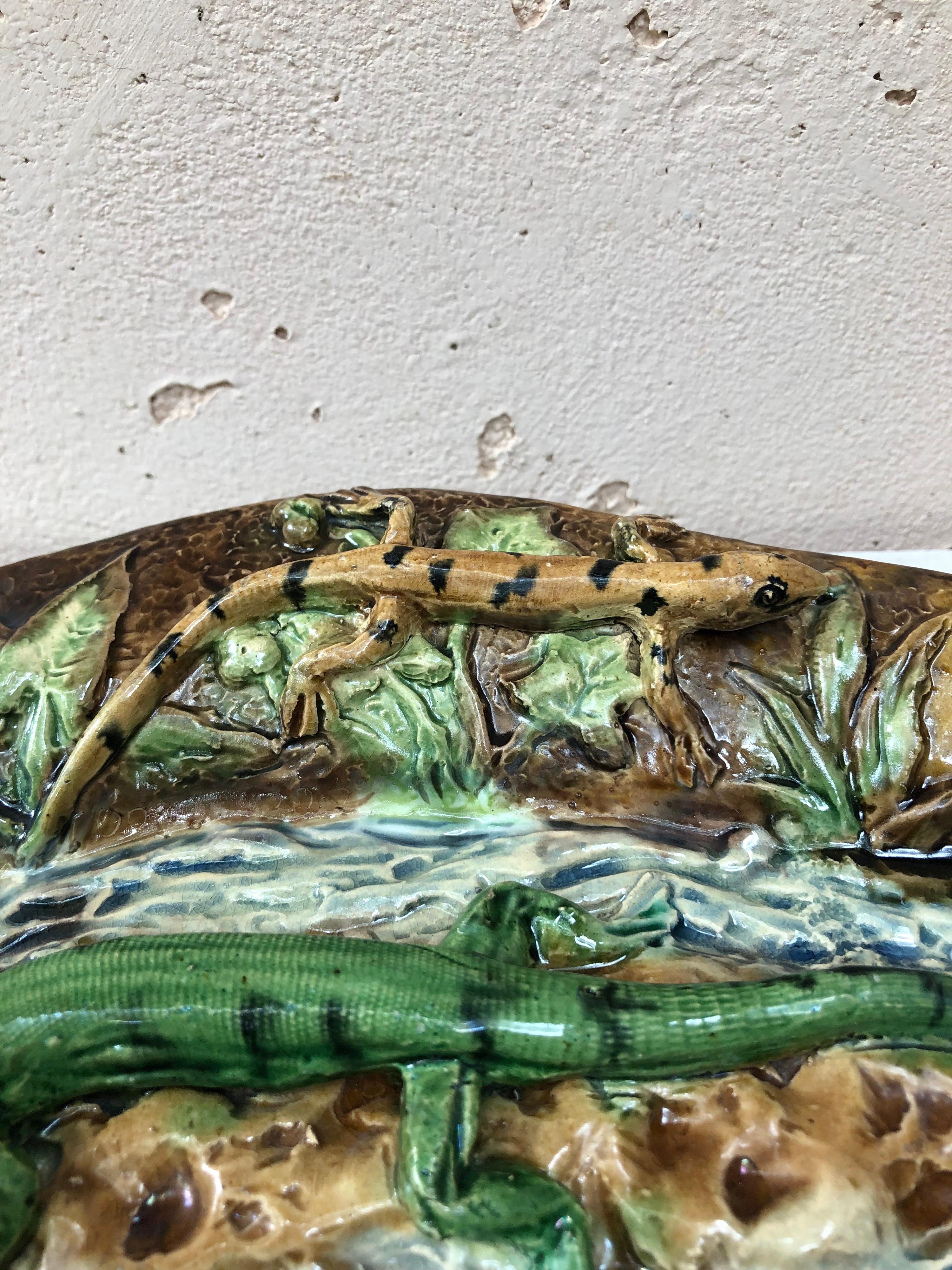 Ceramic 19th Century Majolica Palissy Lizard Wall Platter Alfred Renoleau For Sale